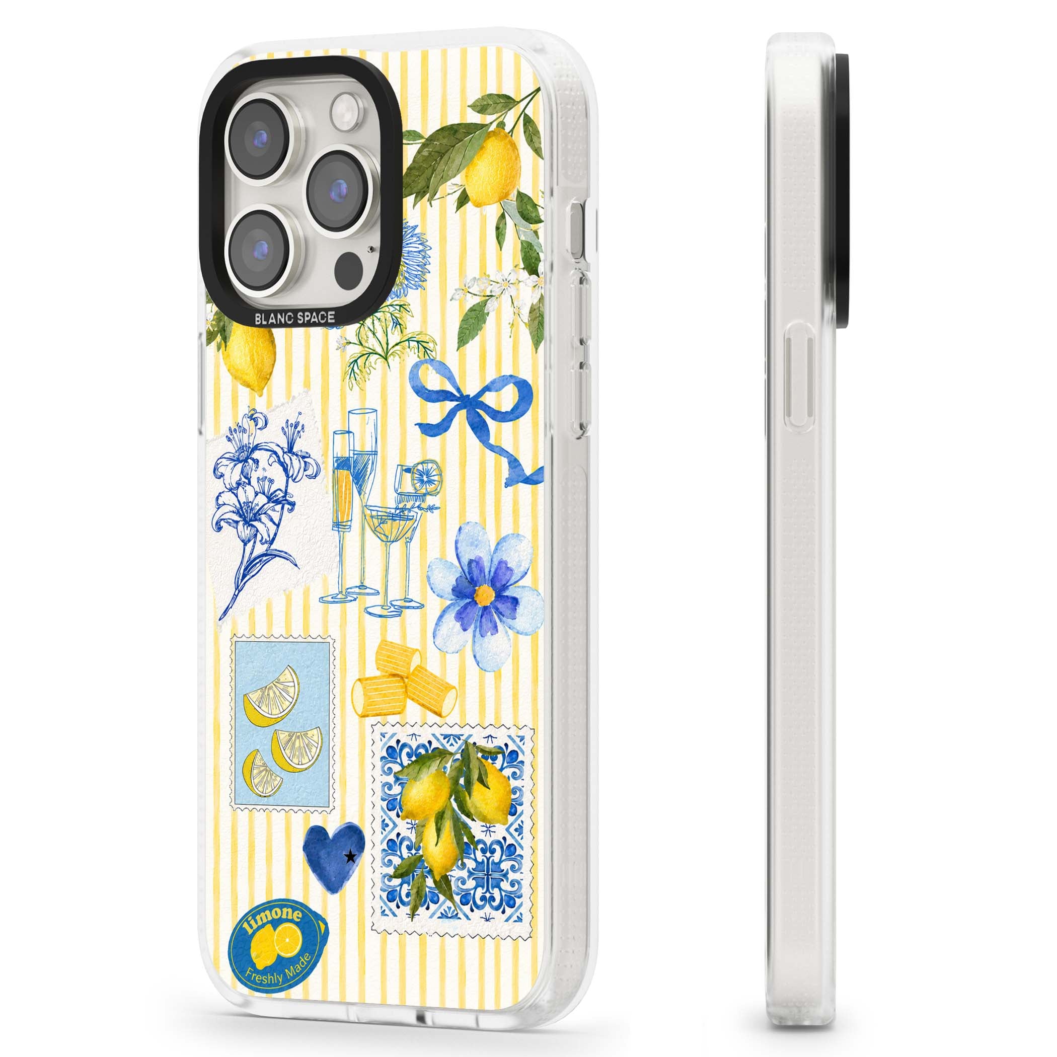 Limone Riviera Italian summer iPhone case featuring watercolour lemons, blue ribbon bows and majolica tile stamps on... | Clear Case Impact Air case for iPhone 15 Pro, iPhone 15 Pro Max