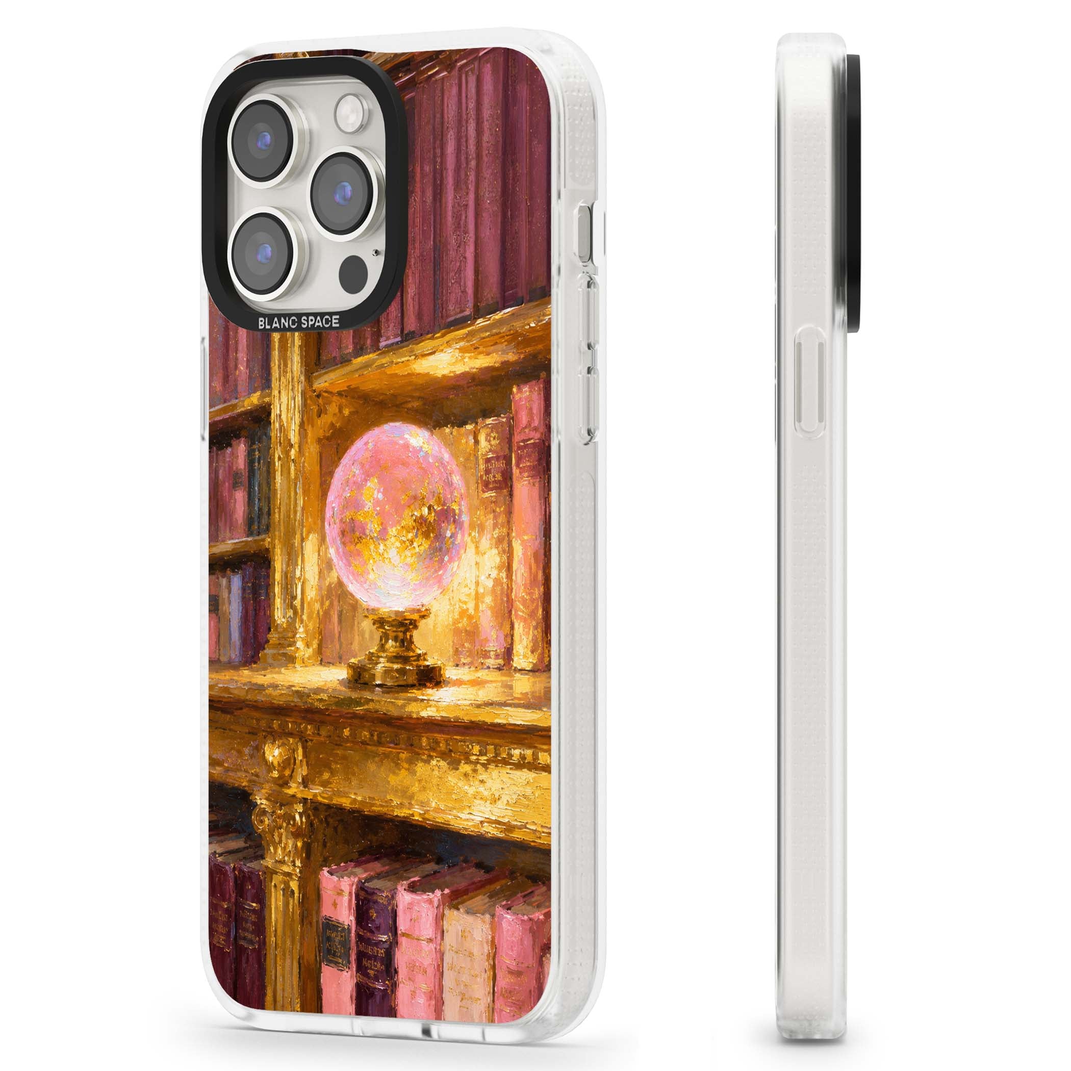 Gilded Library dark academia iPhone case featuring an oil painted crystal ball on a gilded library shelf with vintage | Clear Case Impact Air case for iPhone 15 Pro, iPhone 15 Pro Max