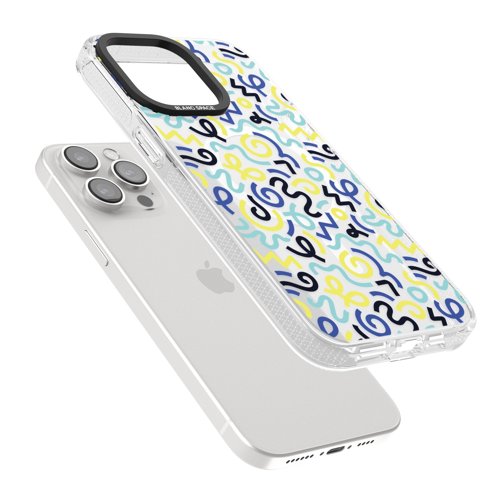 Blue & Yellow Shapes Memphis Retro Pattern Design iPhone 15 Pro Max / 15 Pro / 14 Pro Max / 14 Pro / 13 Pro Clear Case Impact Air - Blanc Space