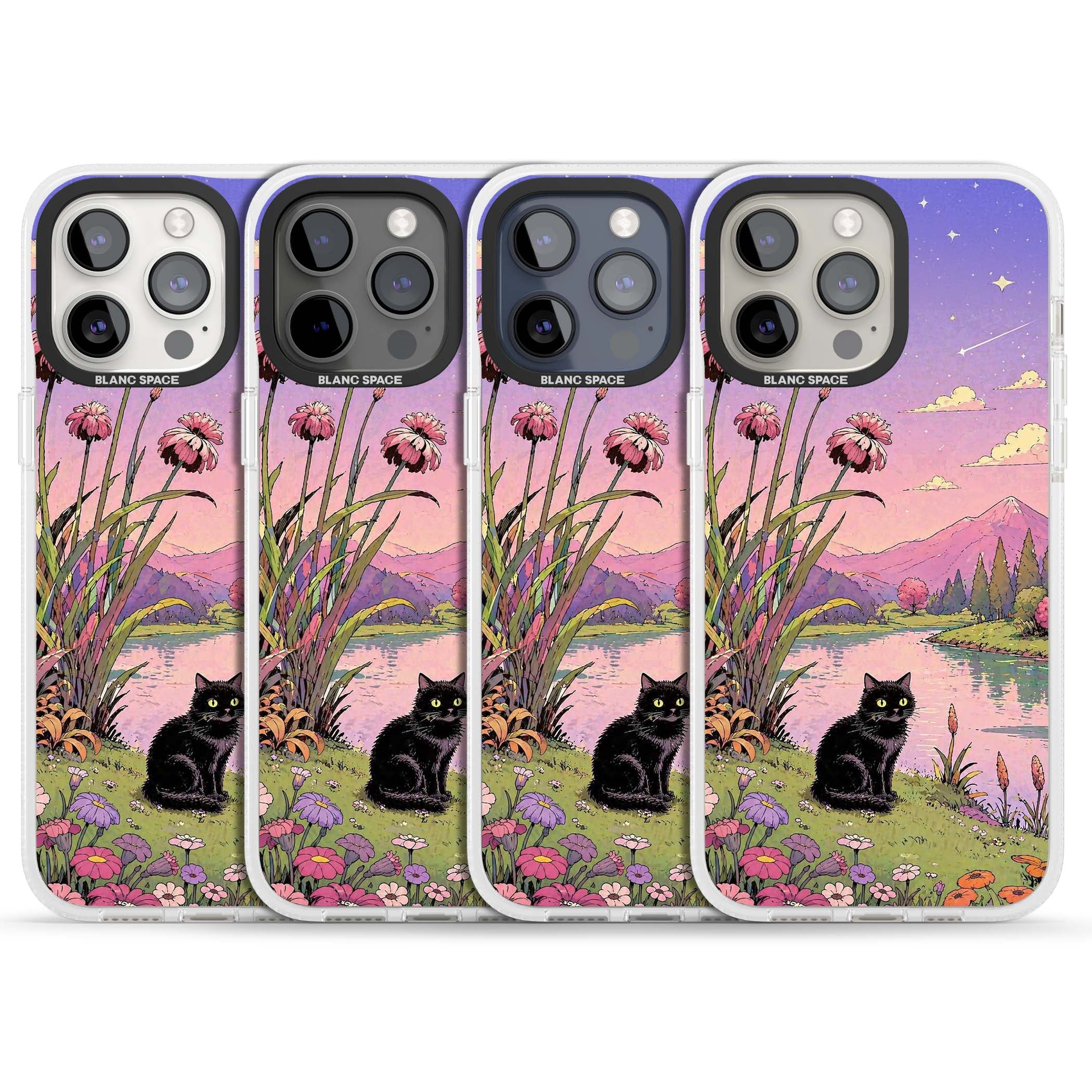 Mystic Whiskers ghibli iPhone case featuring a black cat by a pastel lake, wildflowers and a starry sunset sky | Clear Case Impact Air case for iPhone 15 Pro, iPhone 15 Pro Max