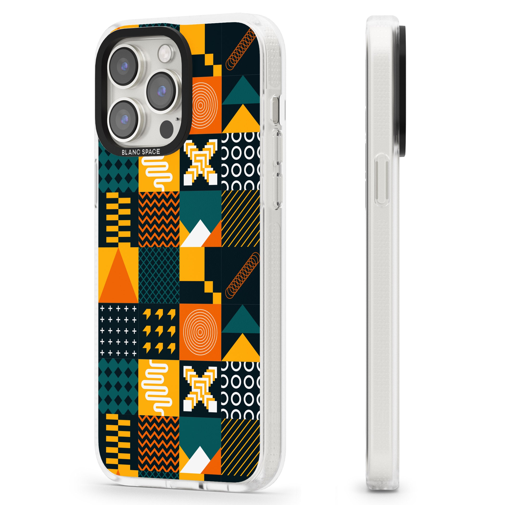 Funky Geometric Patterns: Orange & Dark Green iPhone 15 Pro Max / 15 Pro / 14 Pro Max / 14 Pro / 13 Pro Clear Case Impact Air - Blanc Space