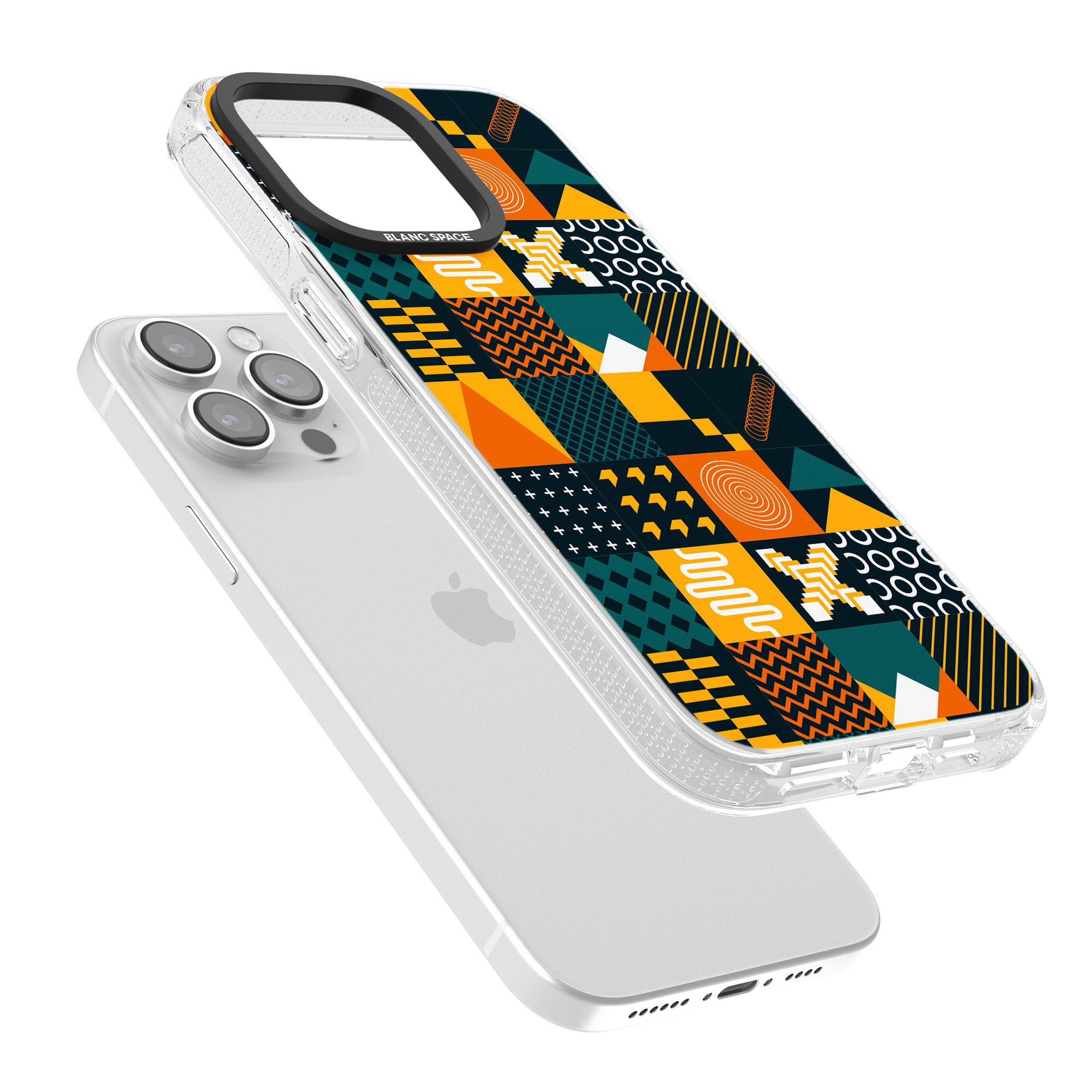 Funky Geometric Patterns: Orange & Dark Green iPhone 15 Pro Max / 15 Pro / 14 Pro Max / 14 Pro / 13 Pro Clear Case Impact Air - Blanc Space