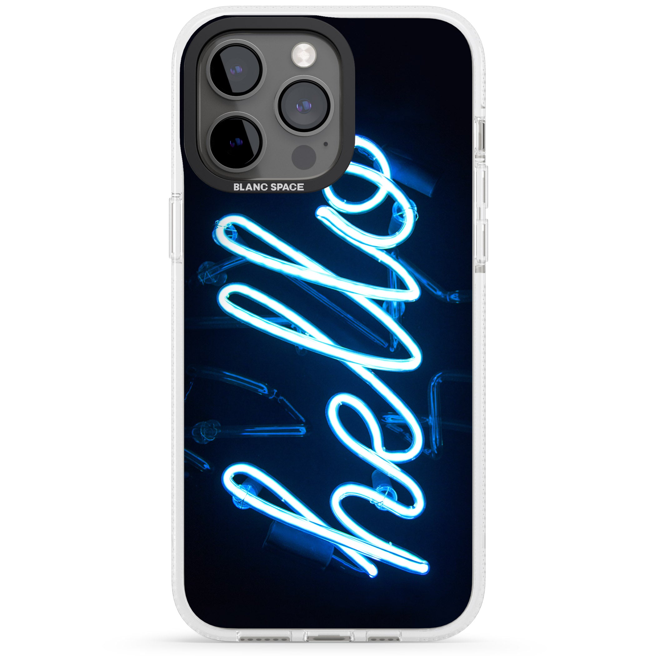 "Hello" Blue Cursive Neon Sign iPhone 15 Pro Max / 15 Pro / 14 Pro Max / 14 Pro / 13 Pro Clear Case Impact Air - Blanc Space