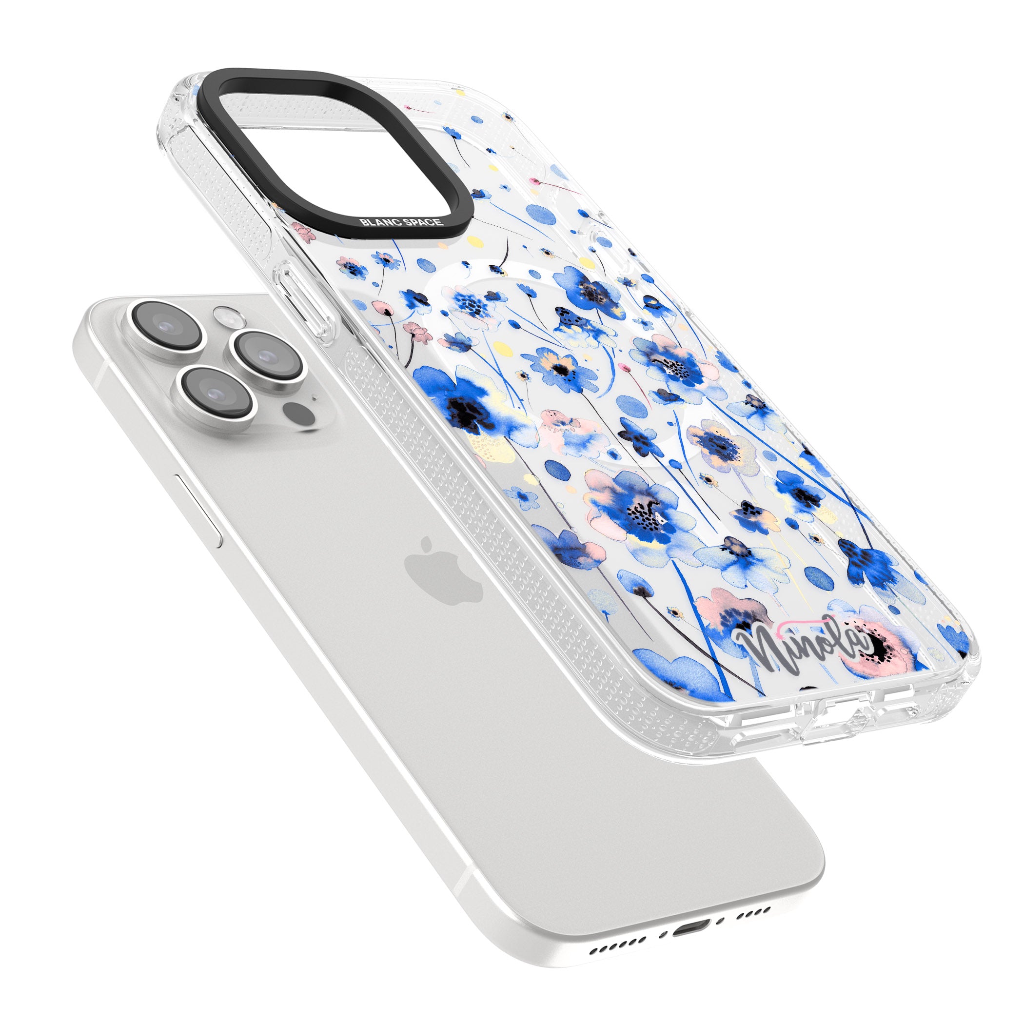 Ink Flowers Blue iPhone 15 Pro Max / 15 Pro / 14 Pro Max / 14 Pro / 13 Pro Clear Case Impact Air - Blanc Space