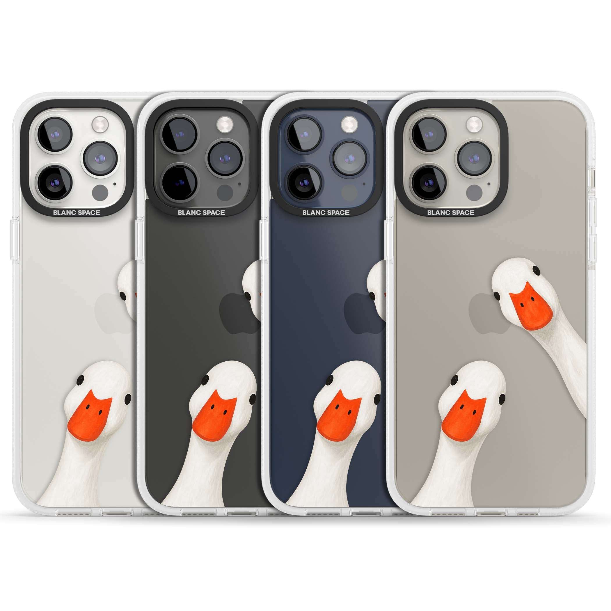 Nosy Ducks cottagecore iPhone case featuring two peeking white ducks with orange beaks on a clear background | Clear Case Impact Air case for iPhone 15 Pro, iPhone 15 Pro Max