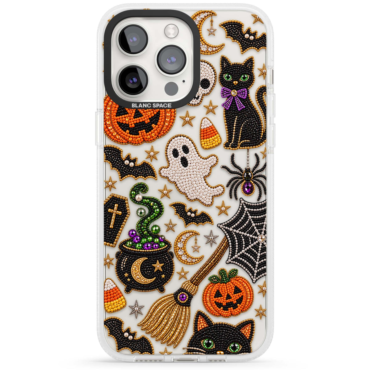Beaded Halloween Halloween iPhone case featuring beaded pumpkins, ghosts, black cats and bats | Clear Case Impact Air case for iPhone 15 Pro, iPhone 15 Pro Max