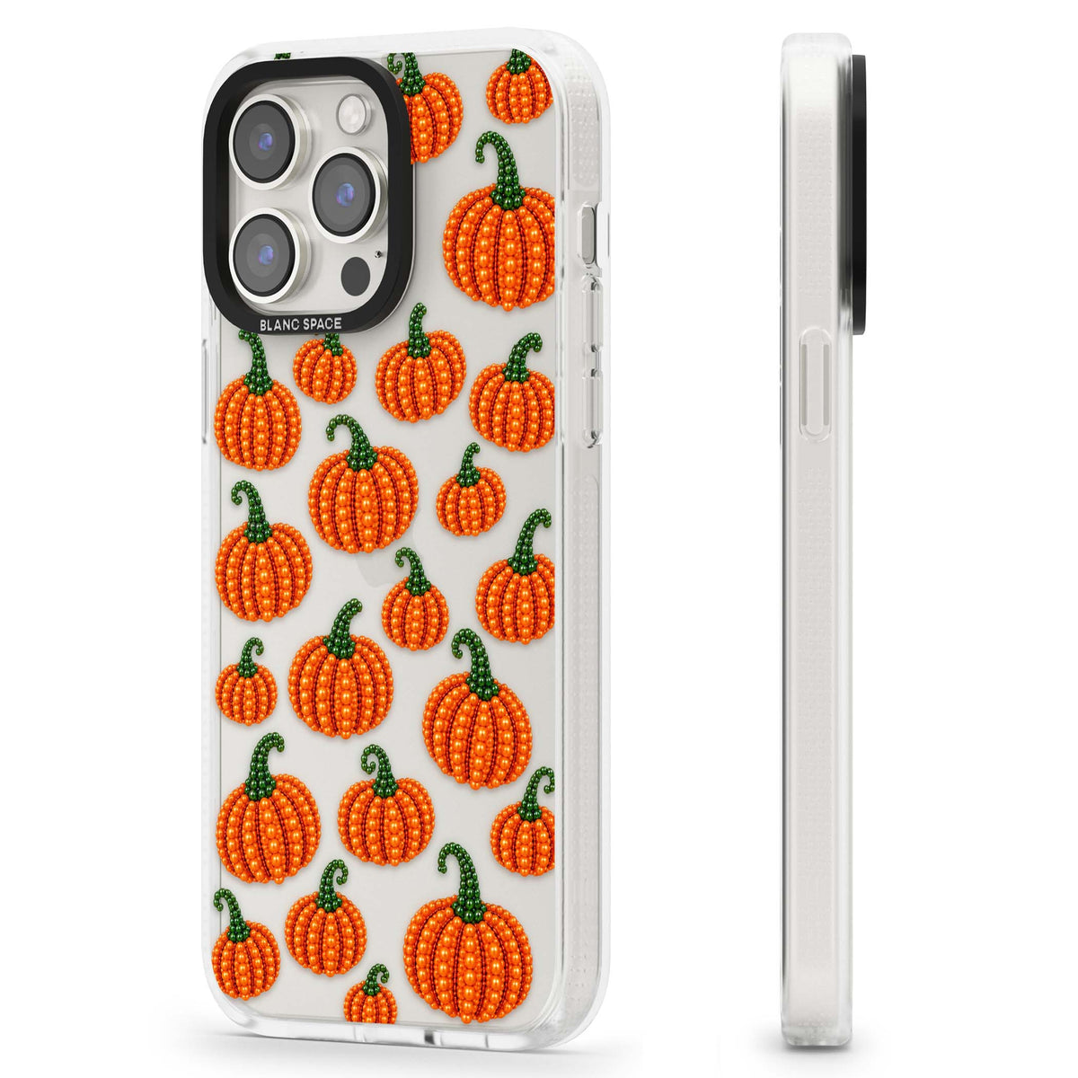 Beaded Pumpkins halloween iPhone case featuring beaded orange pumpkins with green stems on a clear background | Clear Case Impact Air case for iPhone 15 Pro, iPhone 15 Pro Max