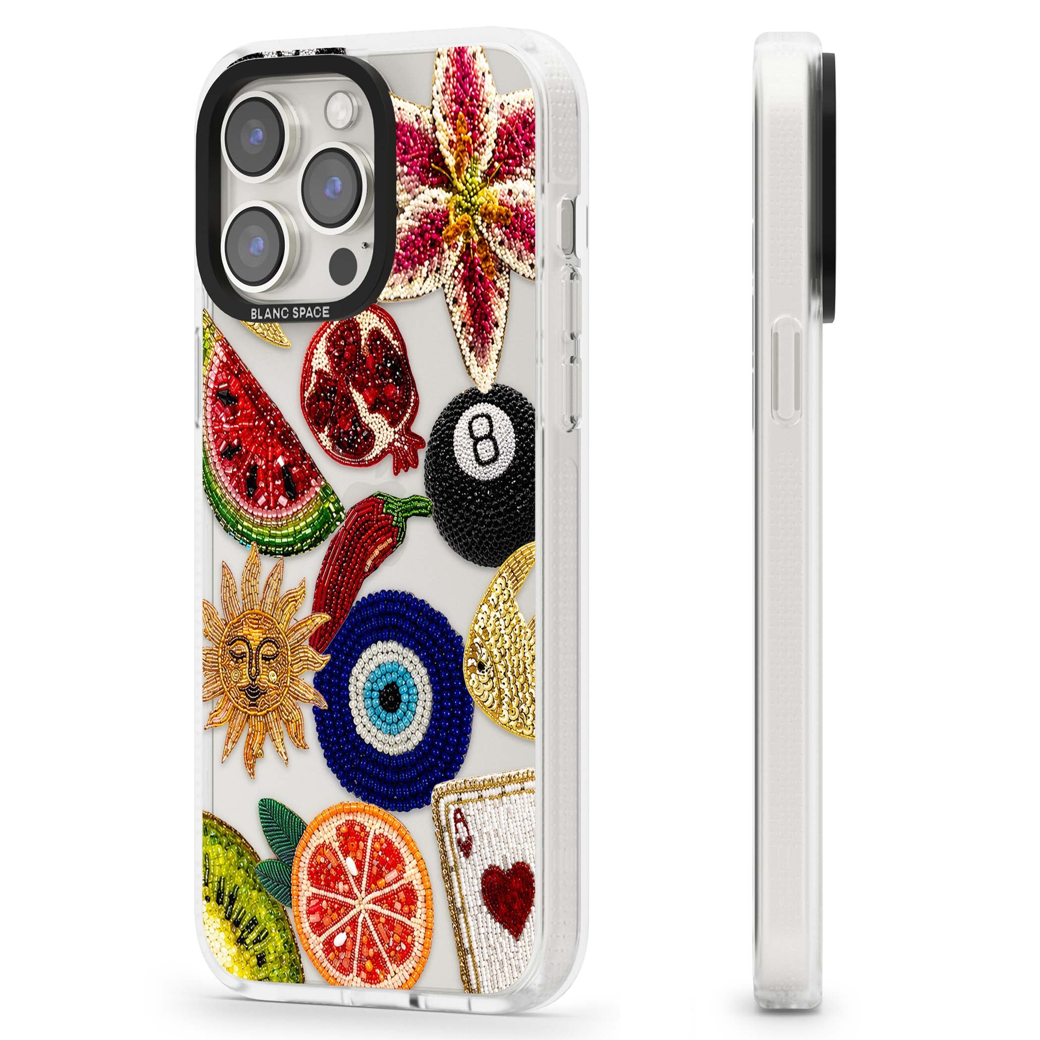 Beaded Charms embroidery iPhone case featuring beaded evil eye, fruit patches and a golden sun motif | Clear Case Impact Air case for iPhone 15 Pro, iPhone 15 Pro Max