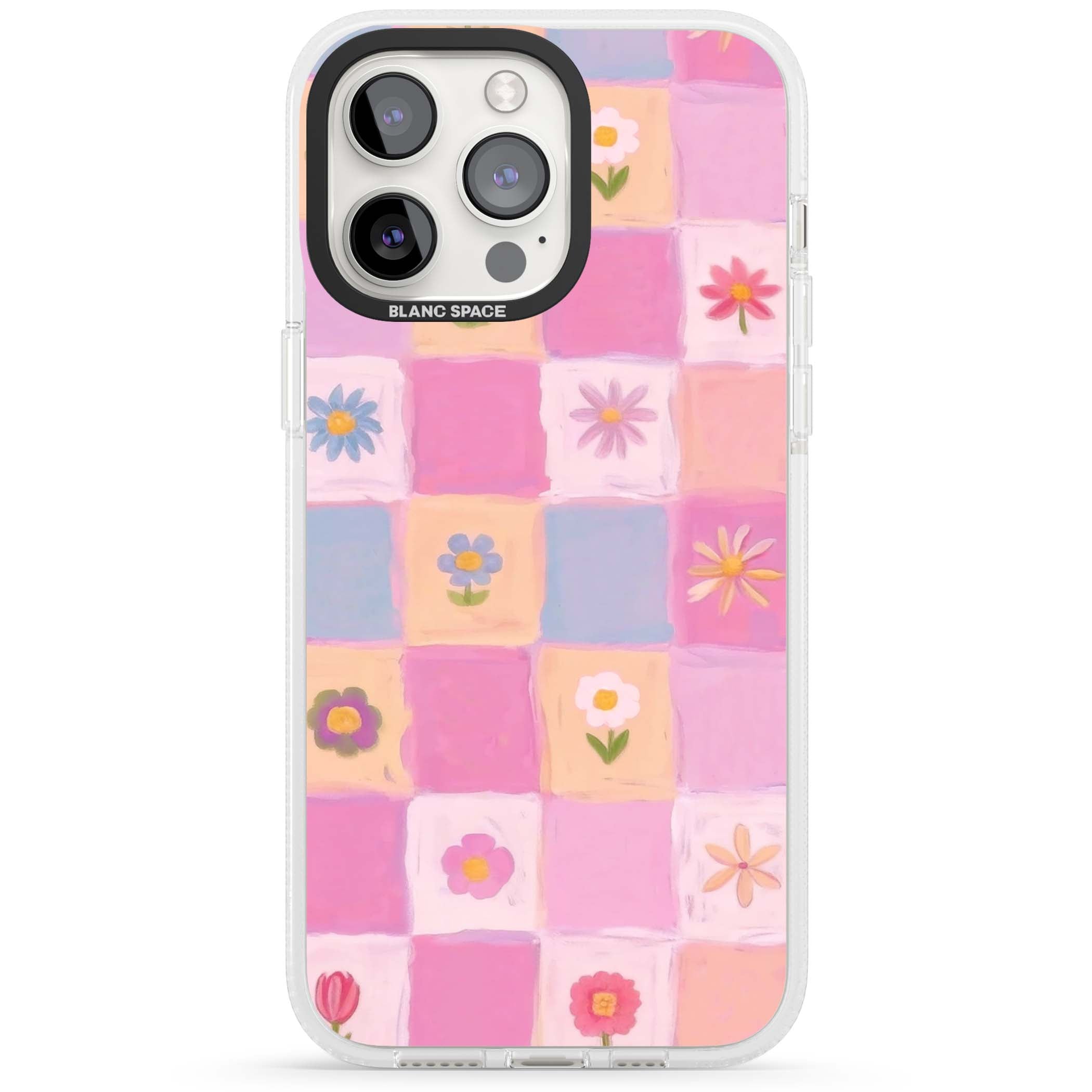 Pastel Flower Patchwork cottagecore iPhone case featuring painted pink and lilac squares with daisies and wildflowers | Clear Case Impact Air case for iPhone 15 Pro, iPhone 15 Pro Max