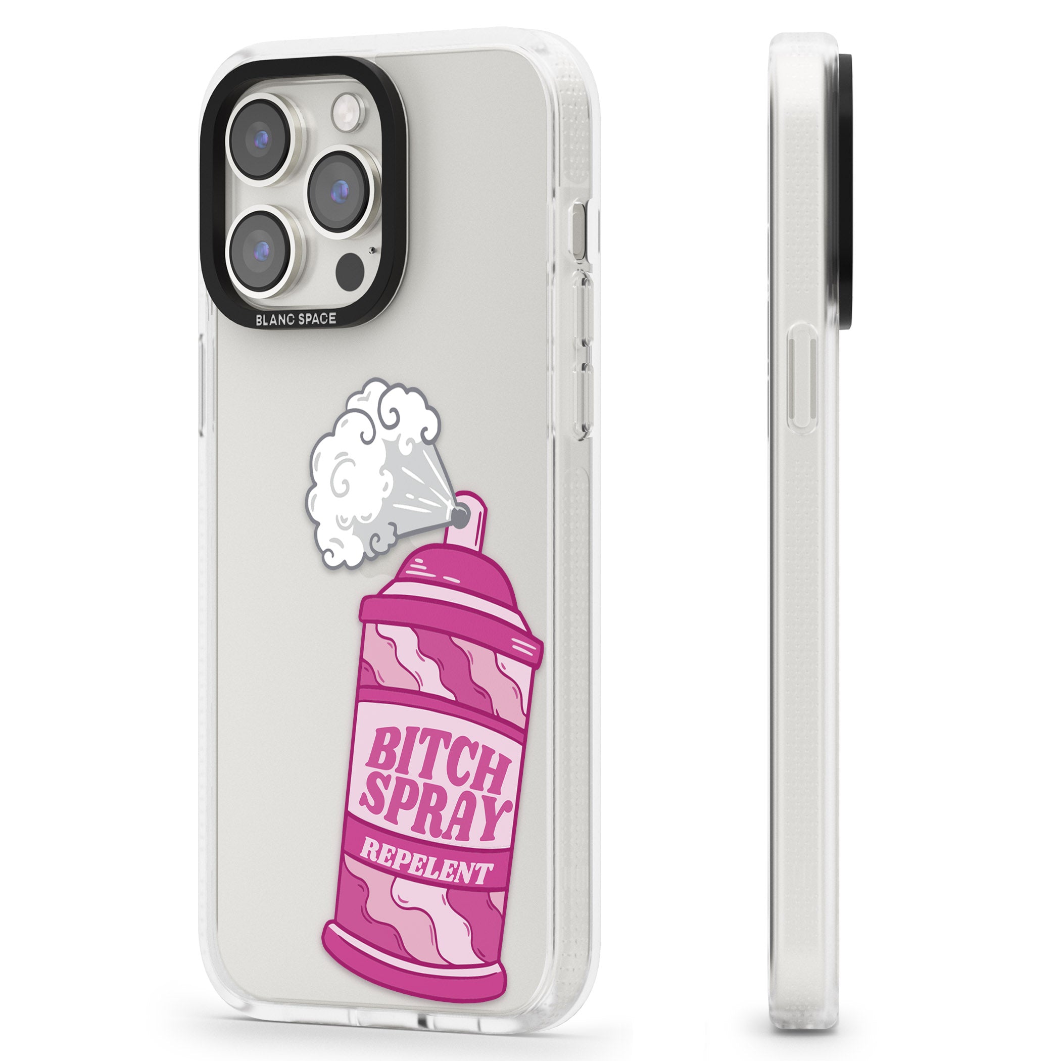 B*tch Spray iPhone 15 Pro Max / 15 Pro / 14 Pro Max / 14 Pro / 13 Pro Clear Case Impact Air - Blanc Space