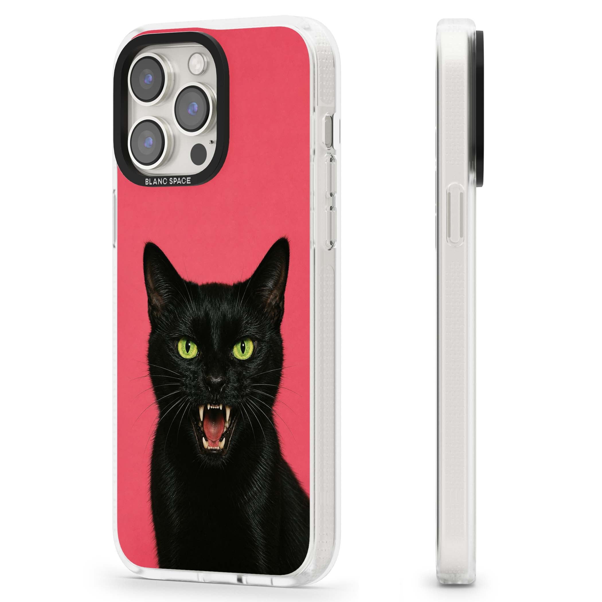 Hissin' Baddie black cat iPhone case featuring a hissing feline with green eyes on a hot pink background | Clear Case Impact Air case for iPhone 15 Pro, iPhone 15 Pro Max