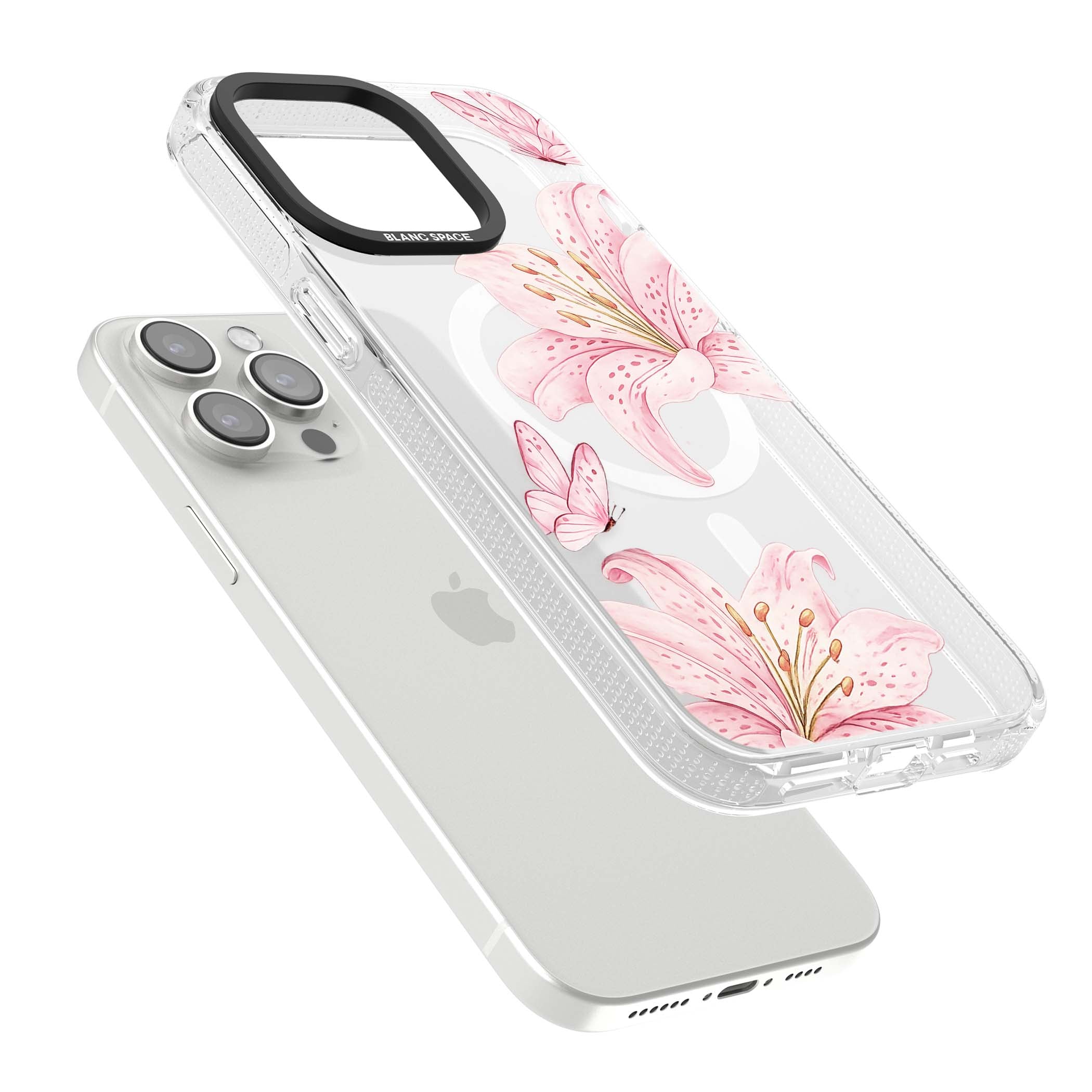 Lily Whisper floral iPhone case featuring pink watercolour lilies and delicate butterflies on a clear background | Clear Case Impact Air case for iPhone 15 Pro, iPhone 15 Pro Max