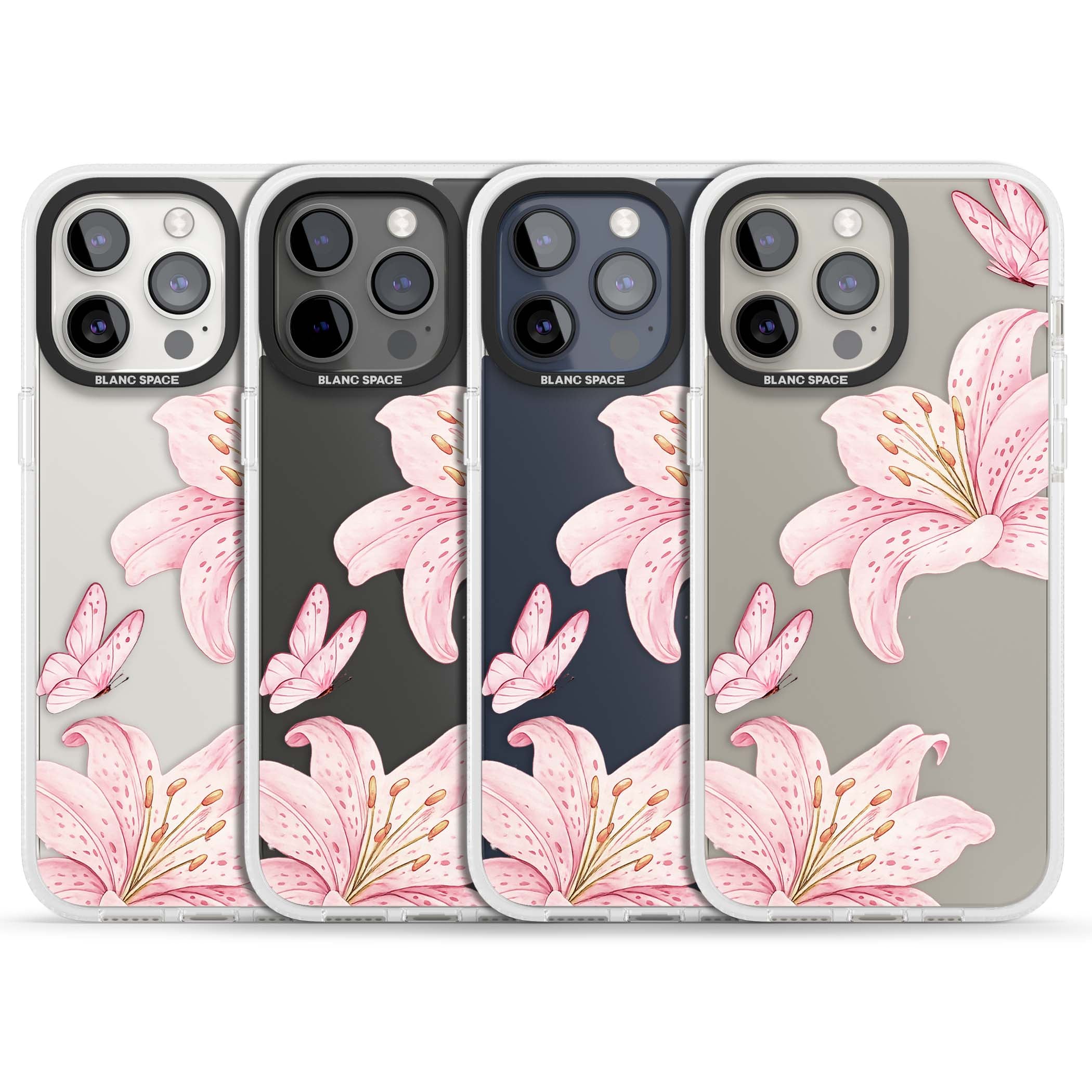 Lily Whisper floral iPhone case featuring pink watercolour lilies and delicate butterflies on a clear background | Clear Case Impact Air case for iPhone 15 Pro, iPhone 15 Pro Max