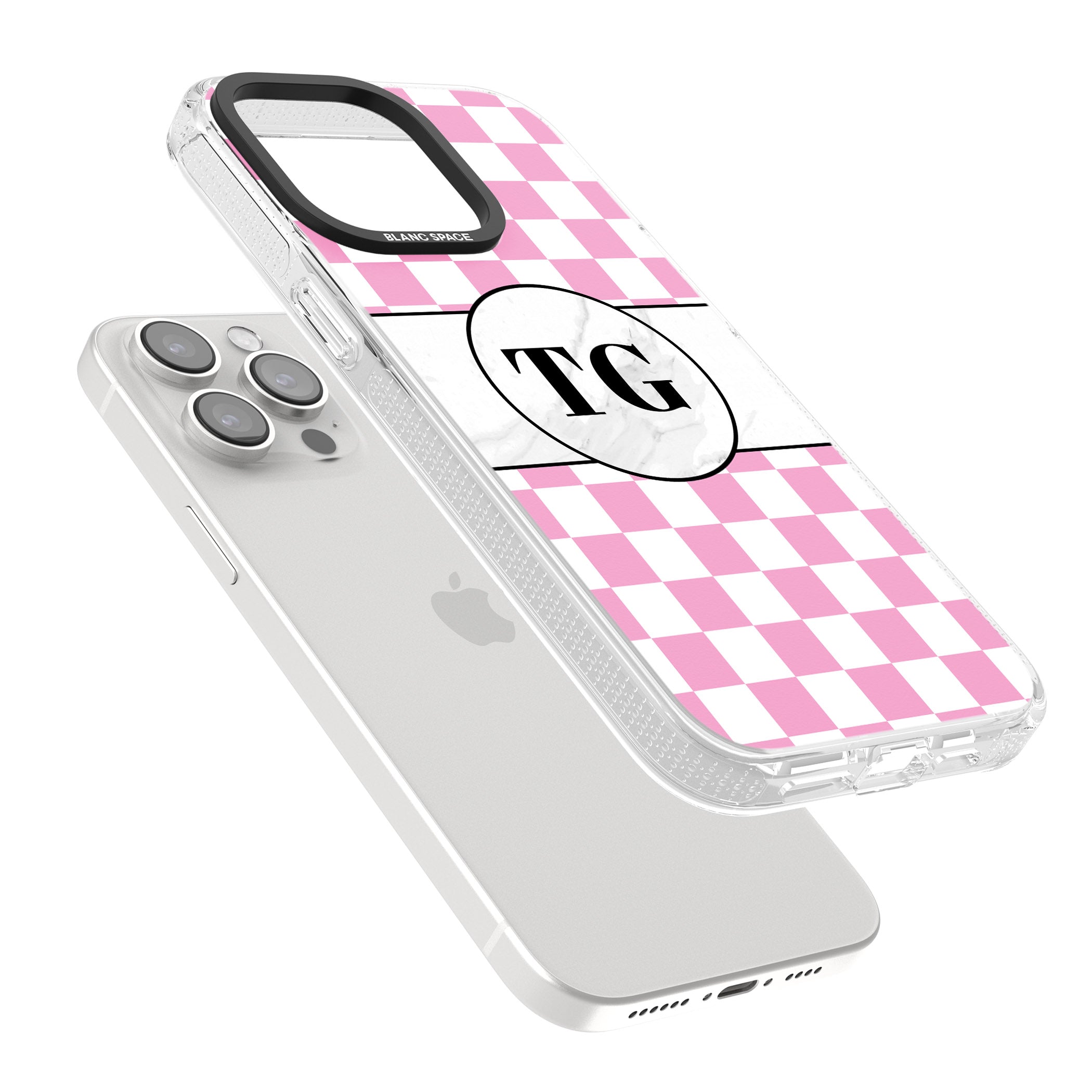 Personalised Monogrammed Pink Check iPhone 15 Pro Max / 15 Pro / 14 Pro Max / 14 Pro / 13 Pro Clear Case Impact Air - Blanc Space