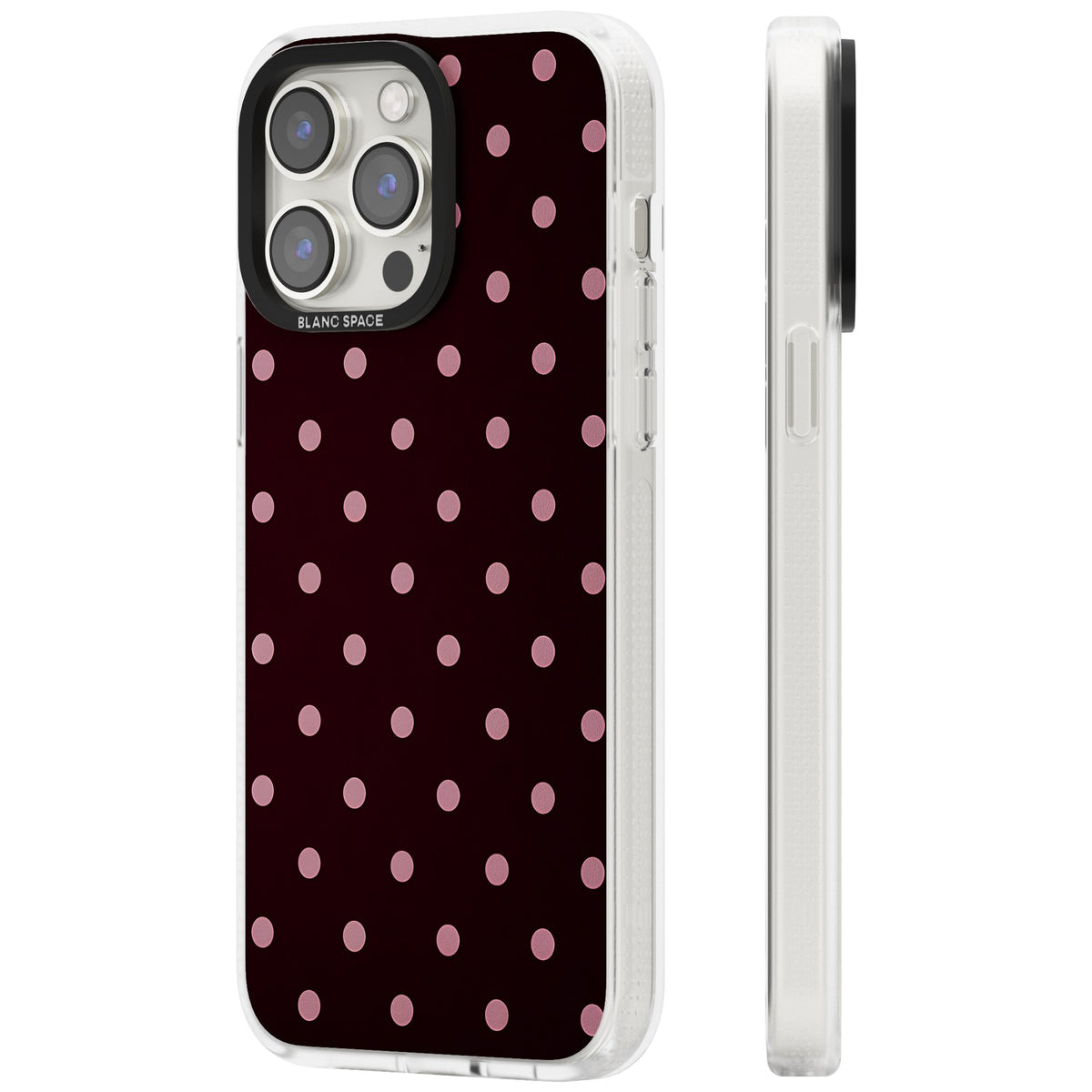 Merlot Dots polka dot iPhone case featuring dusty pink spots on a deep burgundy background in a retro grid iPhone 12 Pro Max / iPhone 13 Pro / iPhone 13 Pro Max / iPhone 14 Pro / iPhone 14 Pro Max / iPhone 15 Pro / iPhone 15 Pro Max Impact Air Phone Case side