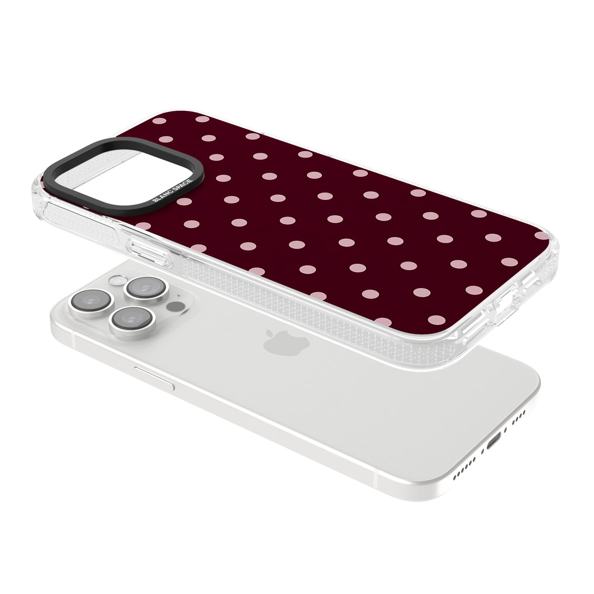 Merlot Dots polka dot iPhone case featuring dusty pink spots on a deep burgundy background in a retro grid iPhone 12 Pro Max / iPhone 13 Pro / iPhone 13 Pro Max / iPhone 14 Pro / iPhone 14 Pro Max / iPhone 15 Pro / iPhone 15 Pro Max Impact Air Phone Case angled