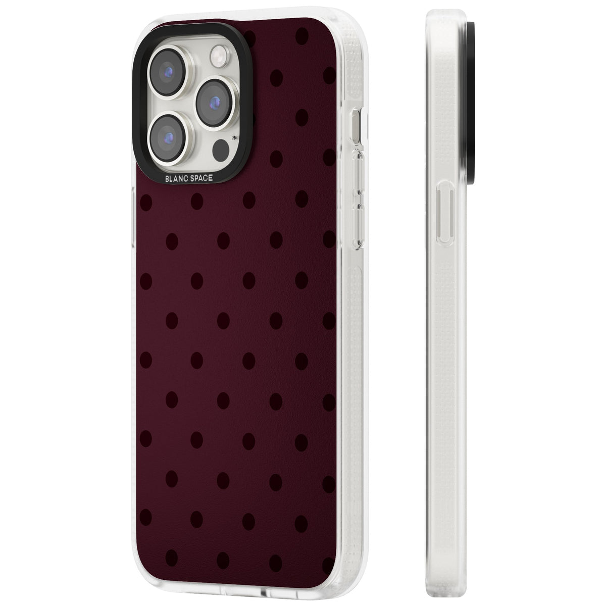 Burgundy Polka Dot minimalist iPhone case featuring black polka dots on a deep burgundy wine red background iPhone 12 Pro Max / iPhone 13 Pro / iPhone 13 Pro Max / iPhone 14 Pro / iPhone 14 Pro Max / iPhone 15 Pro / iPhone 15 Pro Max Impact Air Phone Case side