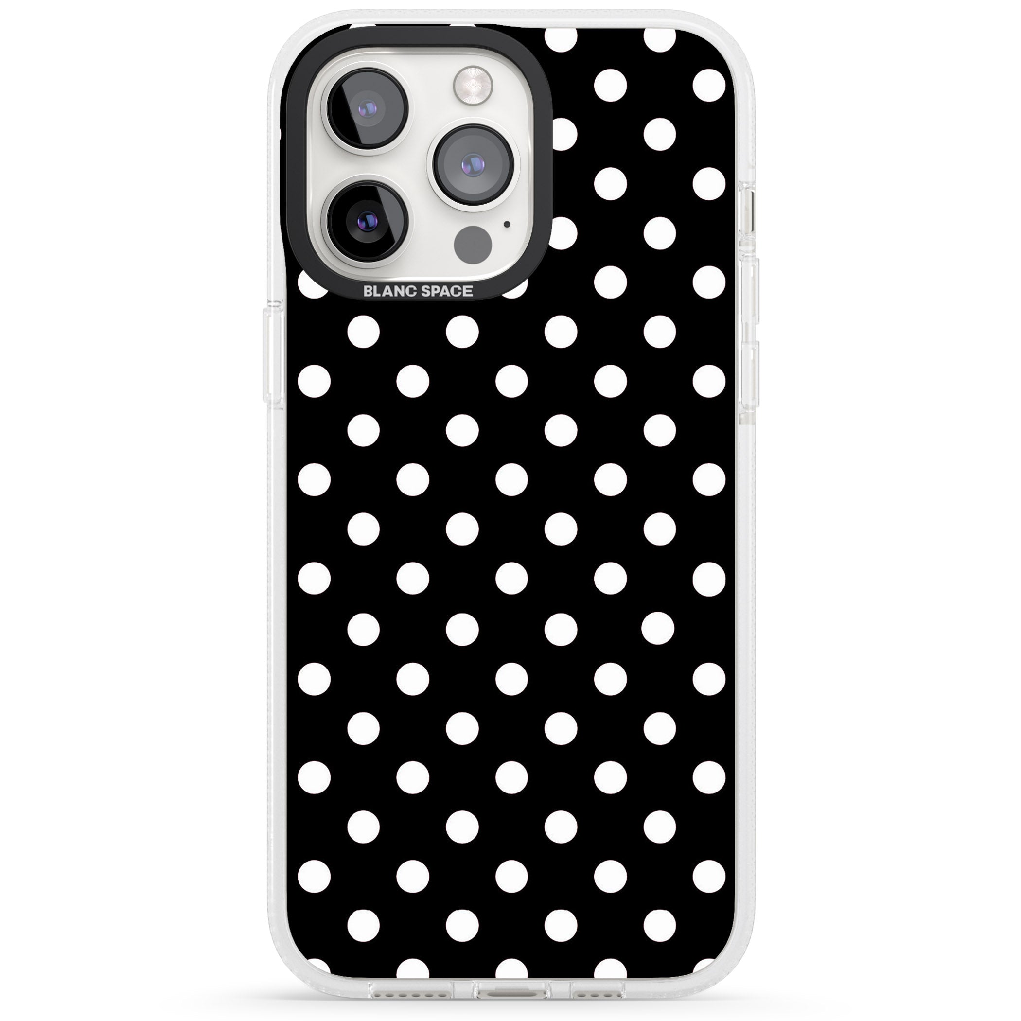 Designer Chic Black Polka Dot iPhone 15 Pro Max / 15 Pro / 14 Pro Max / 14 Pro / 13 Pro Clear Case Impact Air - Blanc Space