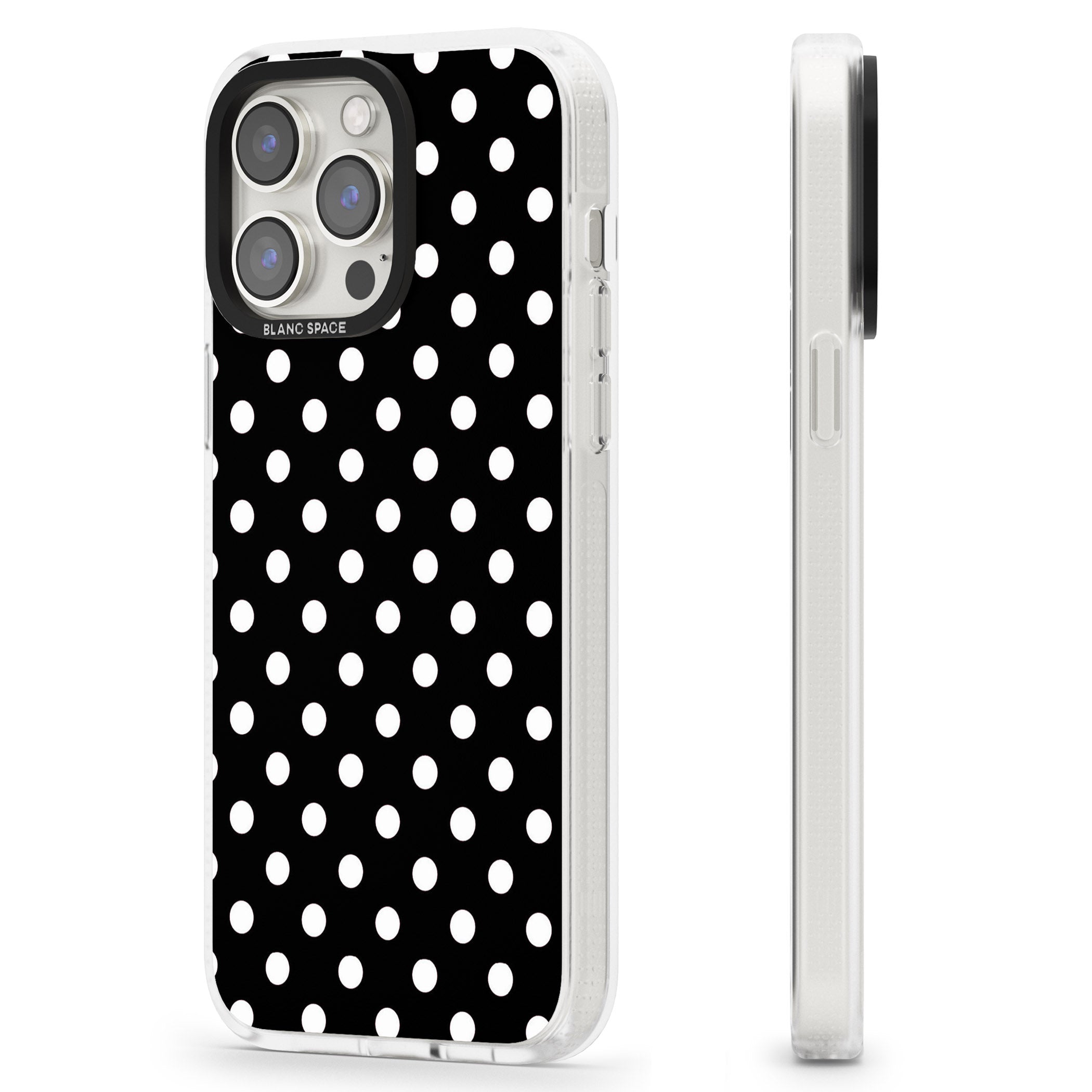 Designer Chic Black Polka Dot iPhone 15 Pro Max / 15 Pro / 14 Pro Max / 14 Pro / 13 Pro Clear Case Impact Air - Blanc Space