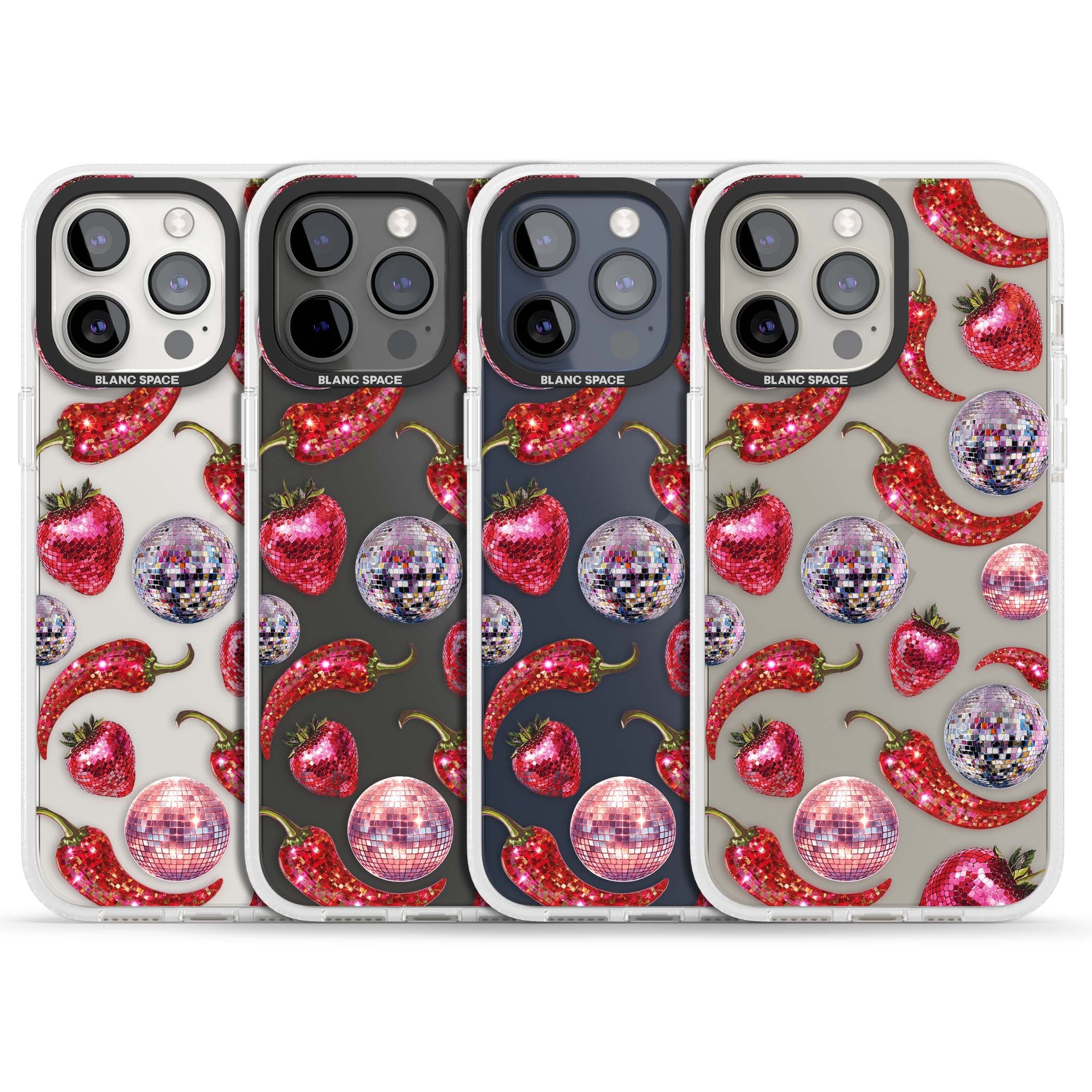 Spicy Disco Y2K iPhone case featuring glitter disco balls, sparkly strawberries and red chilli peppers | Clear Case Impact Air case for iPhone 15 Pro, iPhone 15 Pro Max