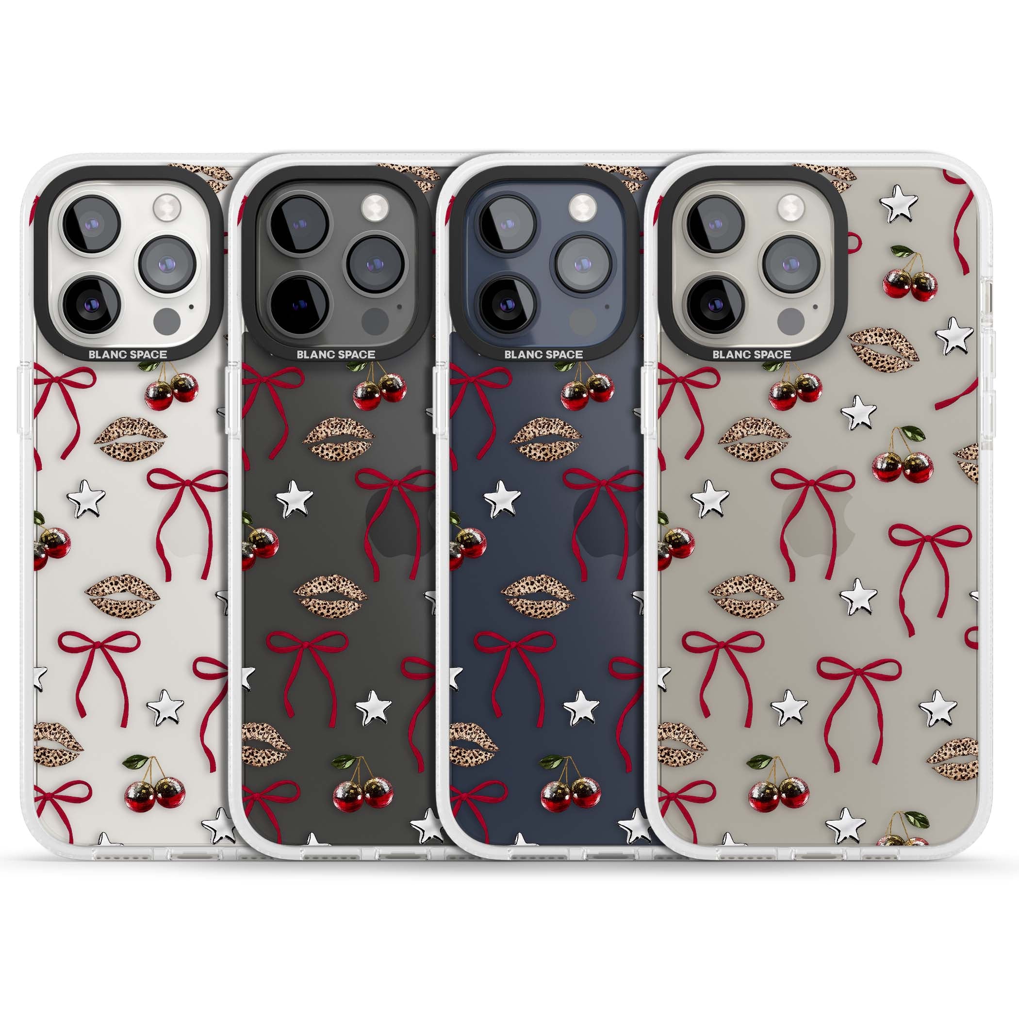 Starlet coquette iPhone case featuring red ribbon bows, disco cherries and leopard-print lips | Clear Case Impact Air case for iPhone 15 Pro, iPhone 15 Pro Max