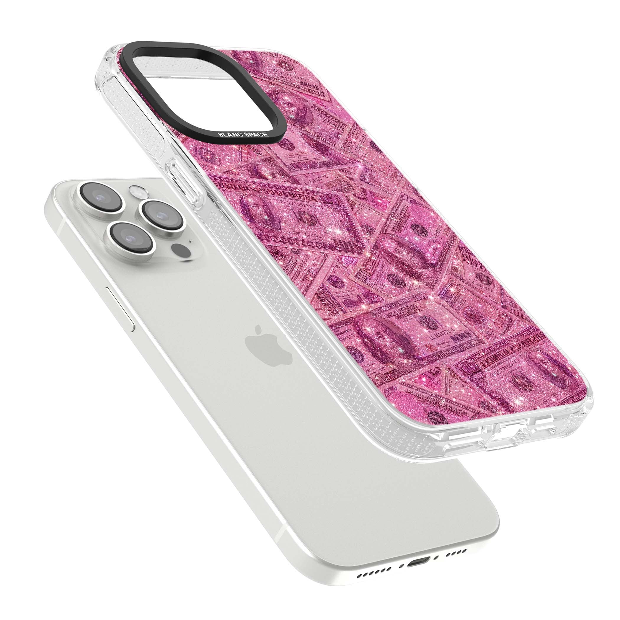 Glamorous baddie iPhone case featuring pink glitter hundred dollar bills and sparkling money wallpaper design | Clear Case Impact Air case for iPhone 15 Pro, iPhone 15 Pro Max