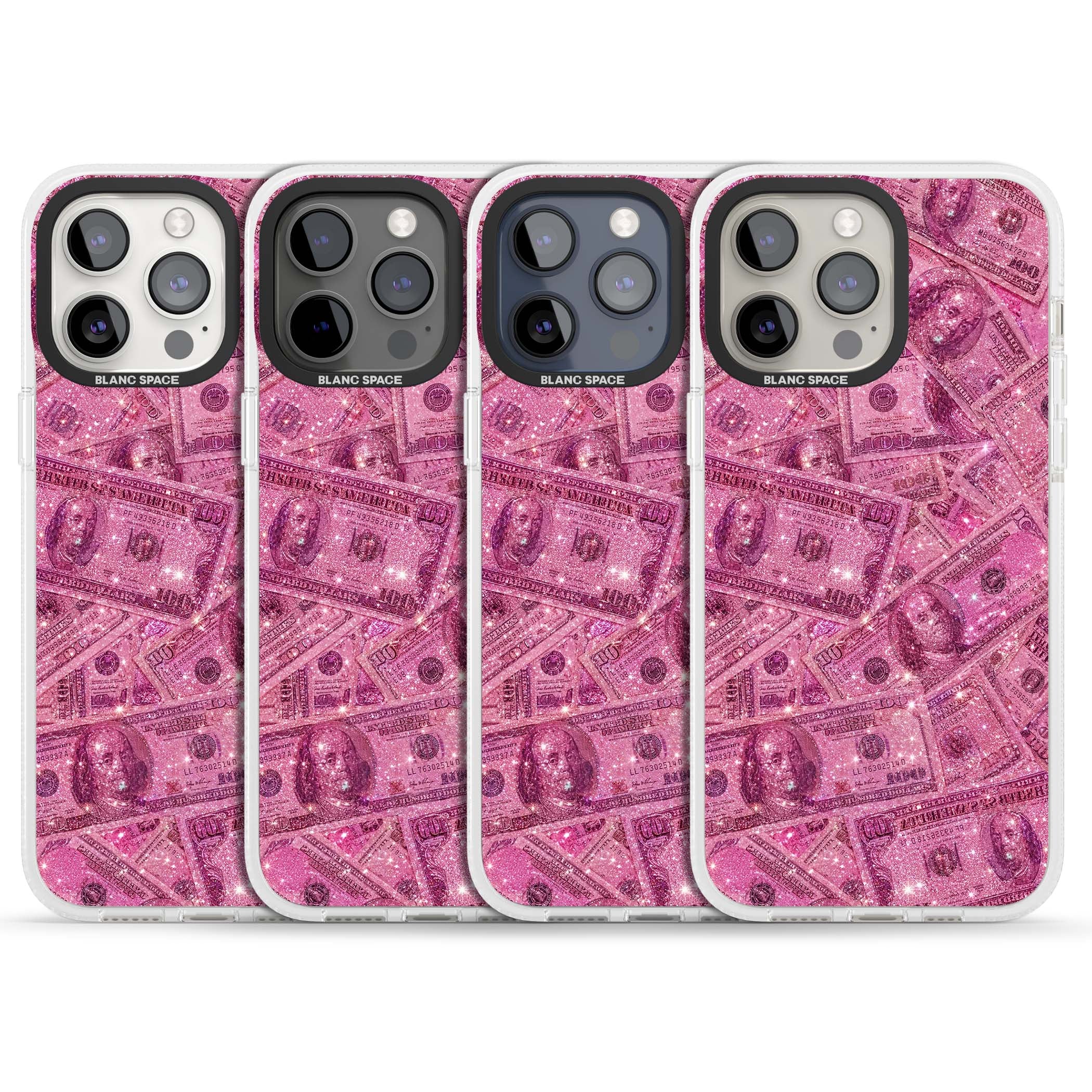 Glamorous baddie iPhone case featuring pink glitter hundred dollar bills and sparkling money wallpaper design | Clear Case Impact Air case for iPhone 15 Pro, iPhone 15 Pro Max