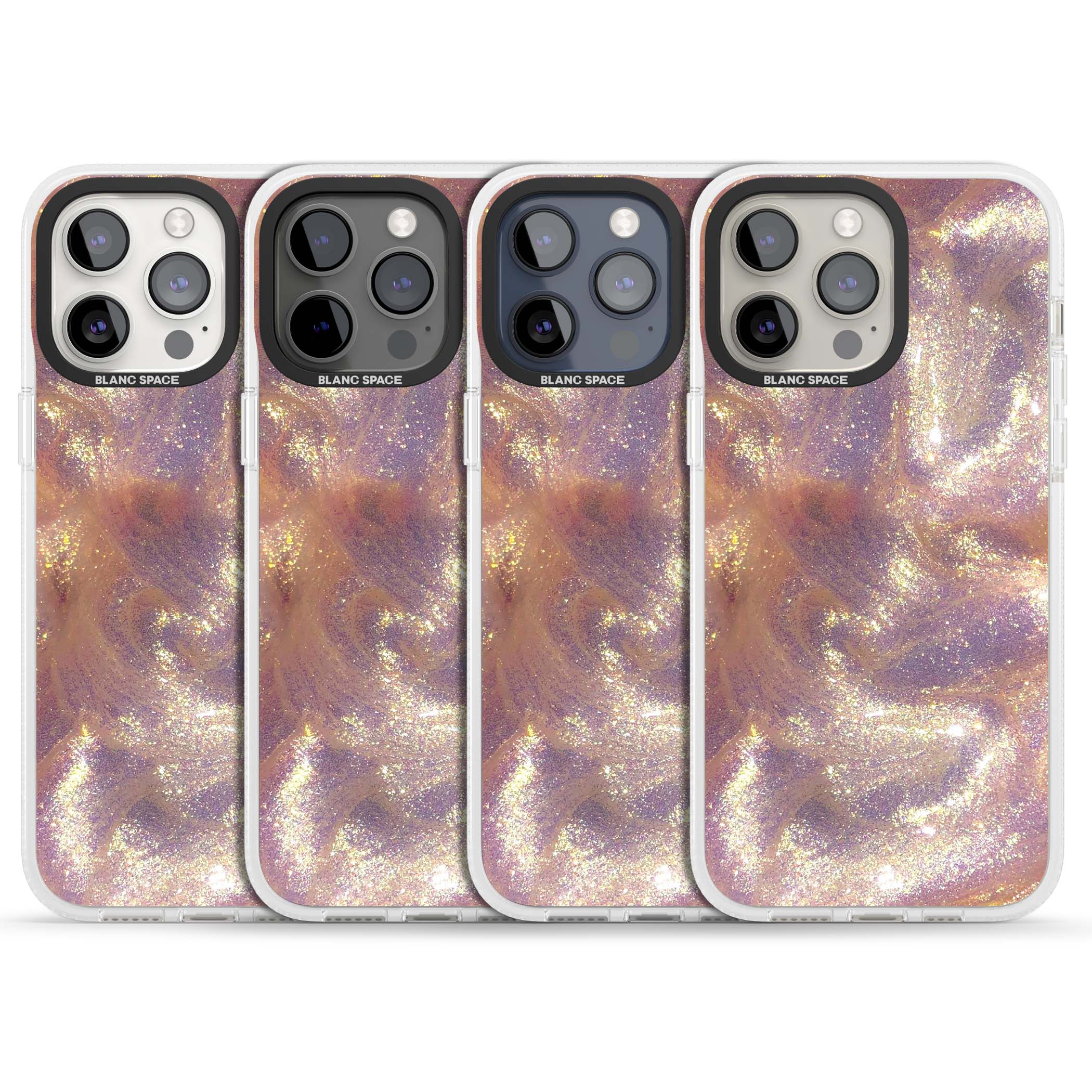 Shimmer marble iPhone case featuring rose gold glitter swirls, lilac shimmer and iridescent pearl finish | Clear Case Impact Air case for iPhone 15 Pro, iPhone 15 Pro Max