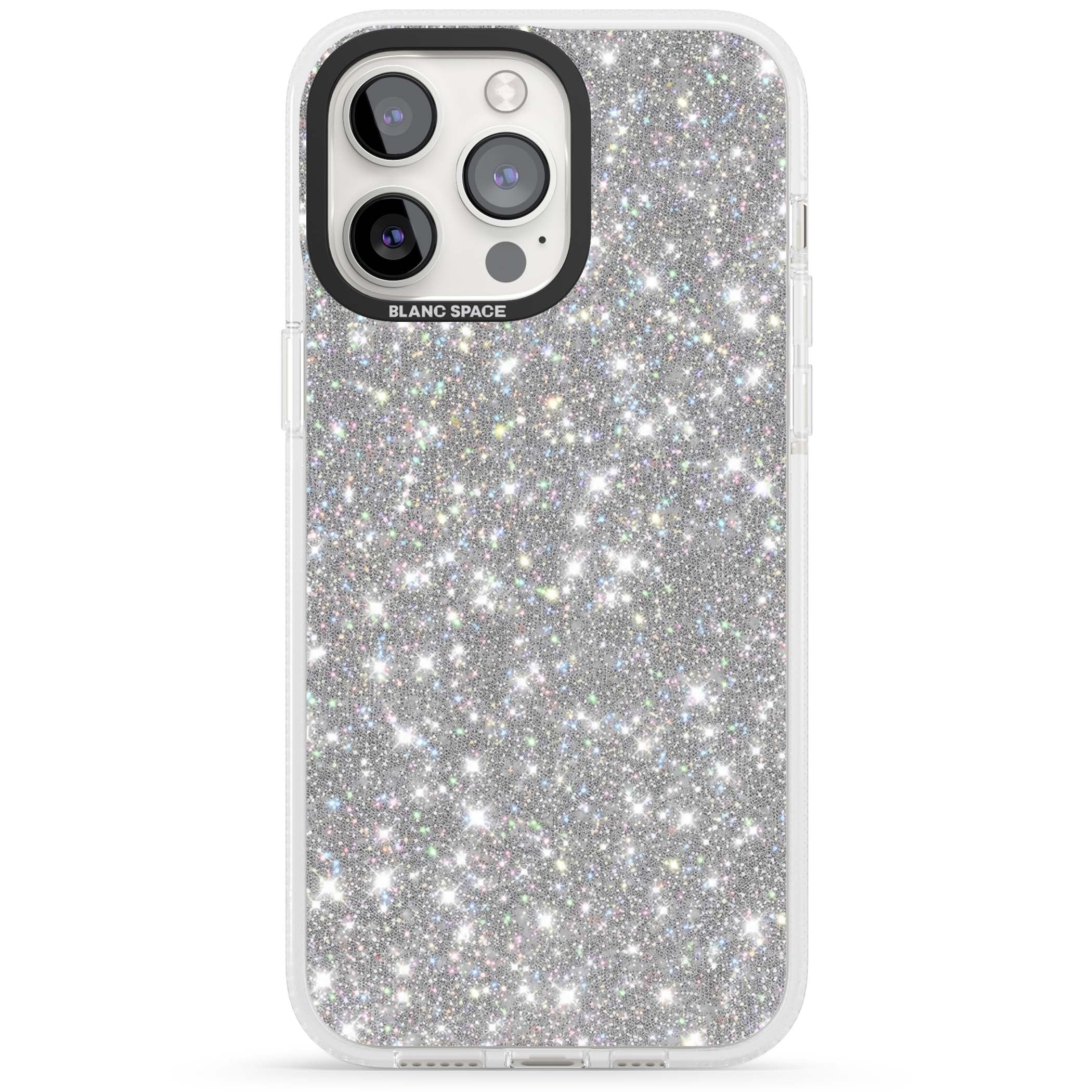 Diamond glam iPhone case featuring silver glitter sparkle and shimmering diamond dust effect | Clear Case Impact Air case for iPhone 15 Pro, iPhone 15 Pro Max