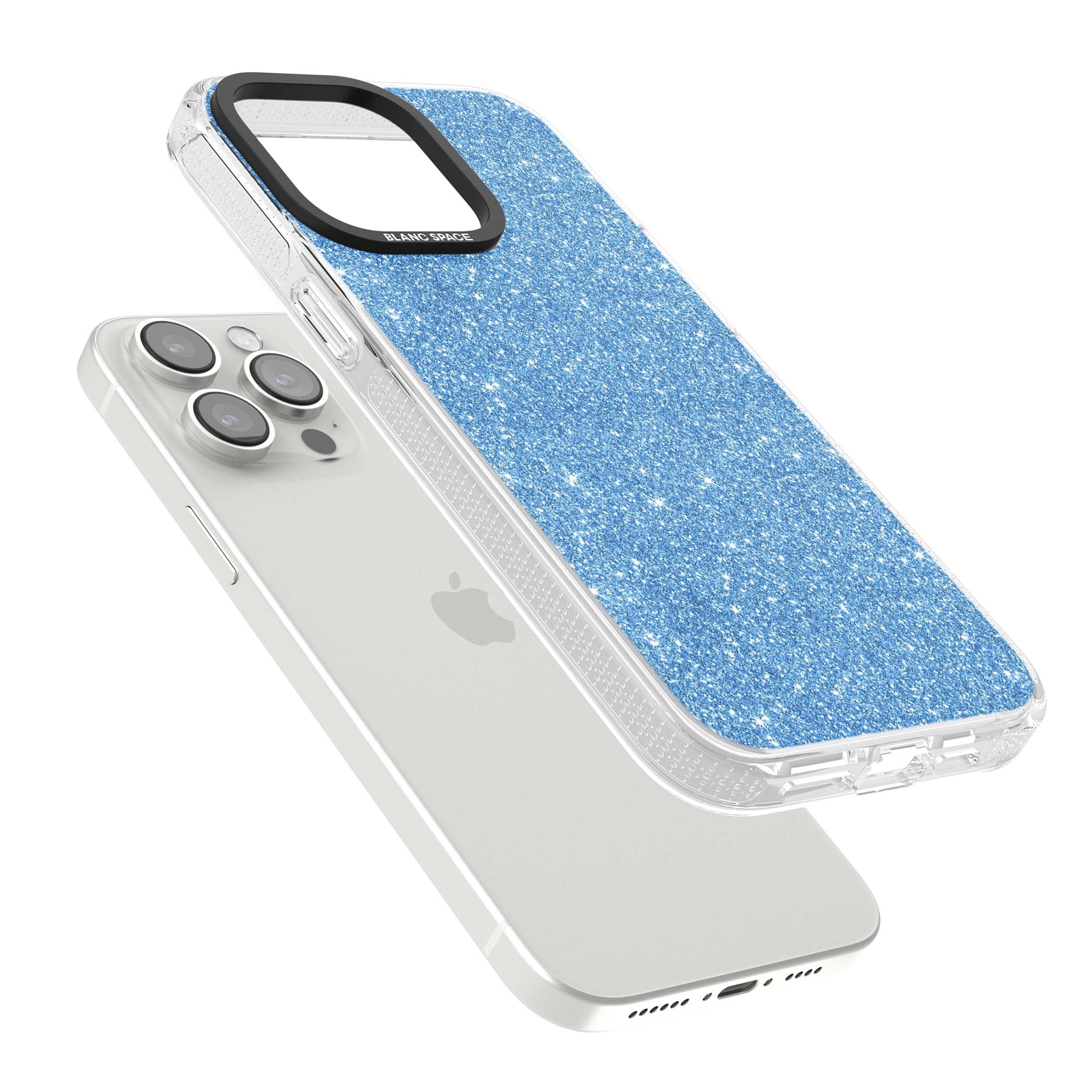 Blue Glitter blue glitter iPhone case featuring dense sparkling cerulean glitter with a glamorous shimmering finish | Clear Case Impact Air case for iPhone 15 Pro, iPhone 15 Pro Max