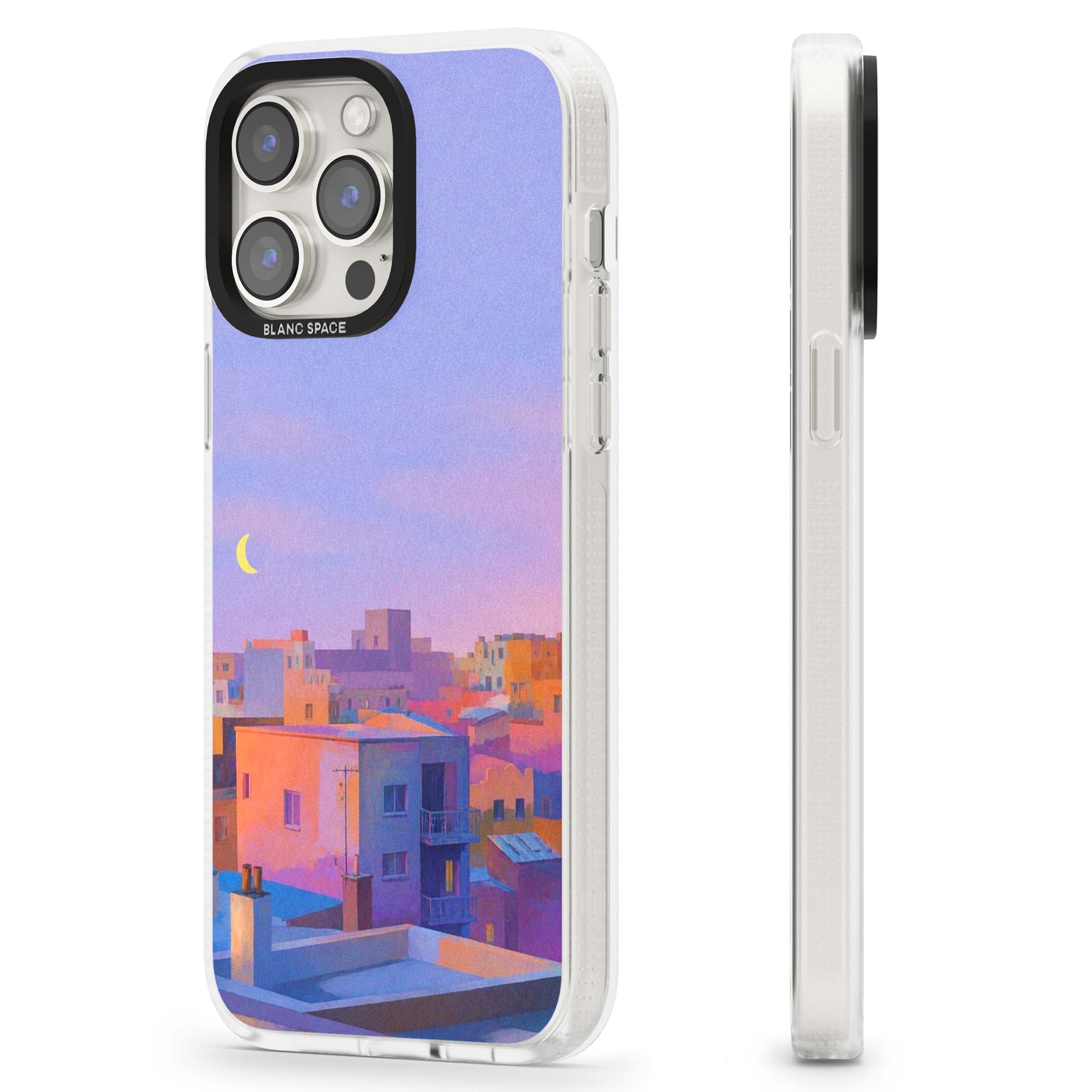 Twilight Rooftops vaporwave iPhone case featuring a pastel sunset cityscape, painted rooftops and a crescent moon. | Clear Case Impact Air case for iPhone 15 Pro, iPhone 15 Pro Max