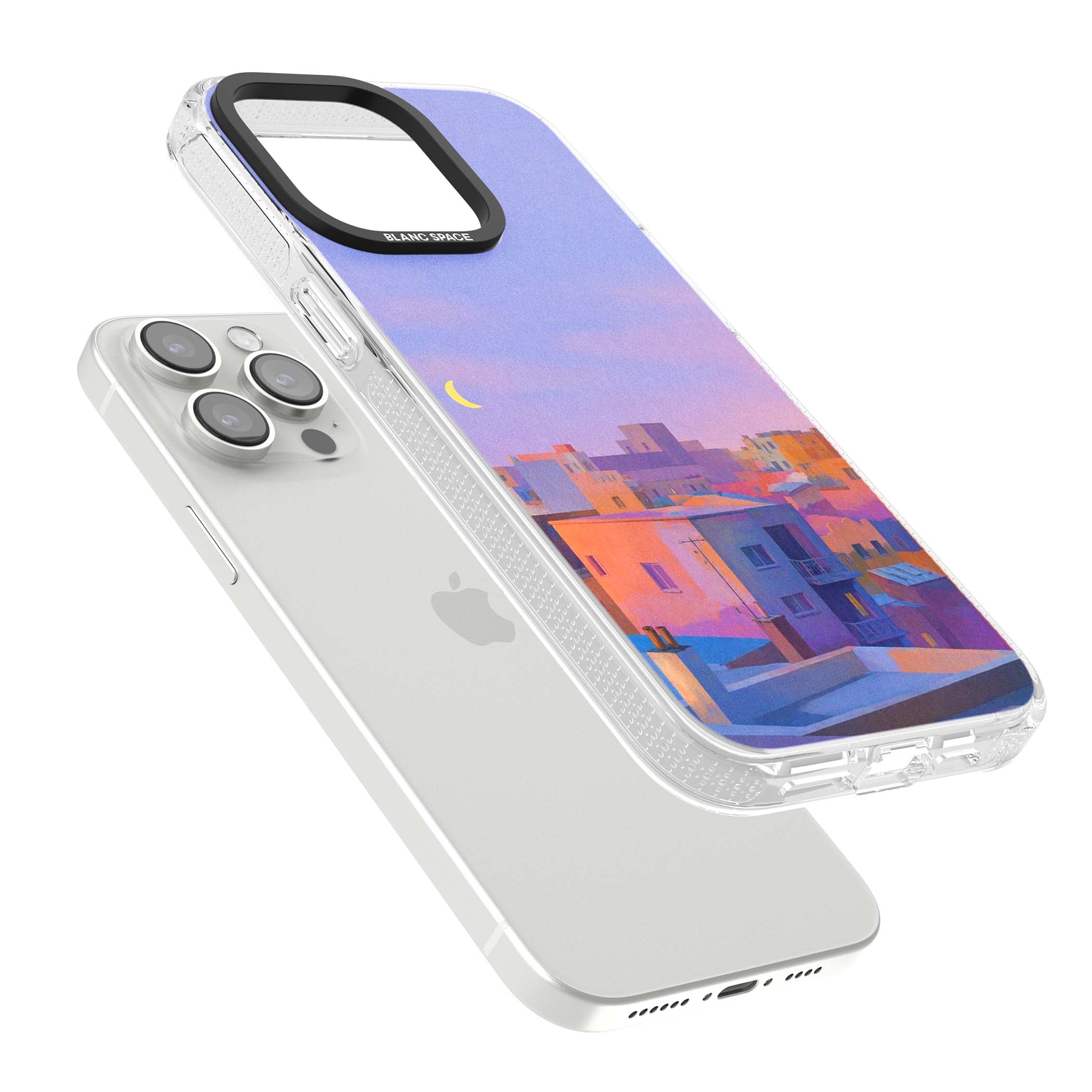 Twilight Rooftops vaporwave iPhone case featuring a pastel sunset cityscape, painted rooftops and a crescent moon. | Clear Case Impact Air case for iPhone 15 Pro, iPhone 15 Pro Max
