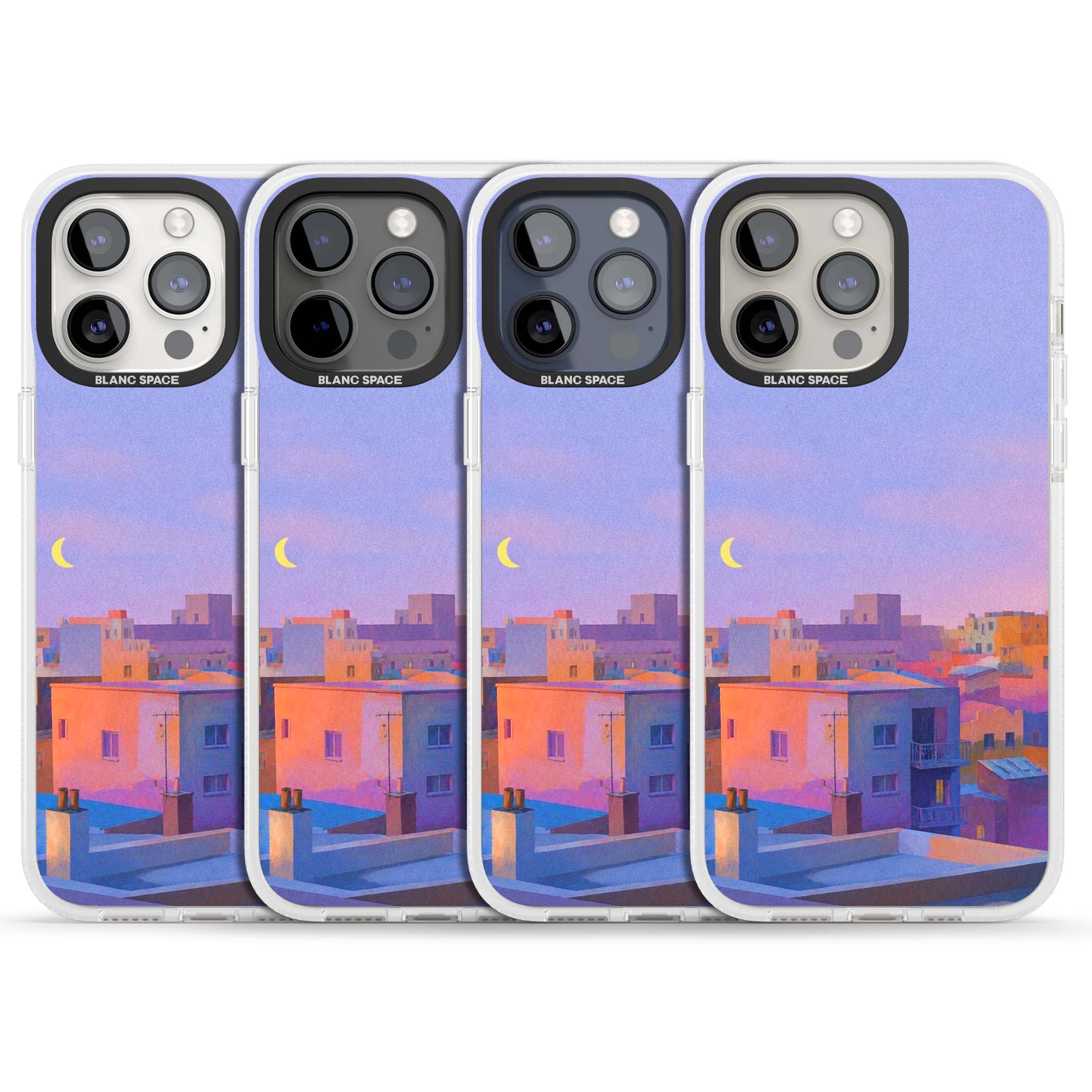 Twilight Rooftops vaporwave iPhone case featuring a pastel sunset cityscape, painted rooftops and a crescent moon. | Clear Case Impact Air case for iPhone 15 Pro, iPhone 15 Pro Max