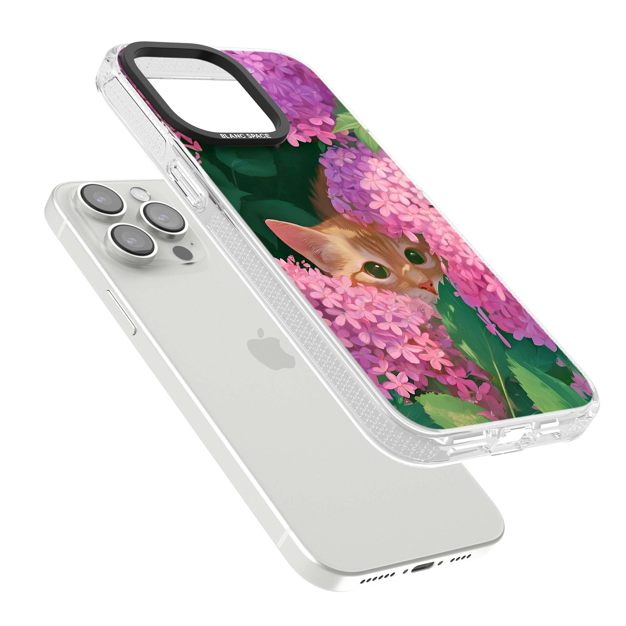 Cat In Pink Flowers cottagecore iPhone case featuring a ginger kitten peeking through lilac and pink hydrangea flo | Clear Case Impact Air case for iPhone 15 Pro, iPhone 15 Pro Max