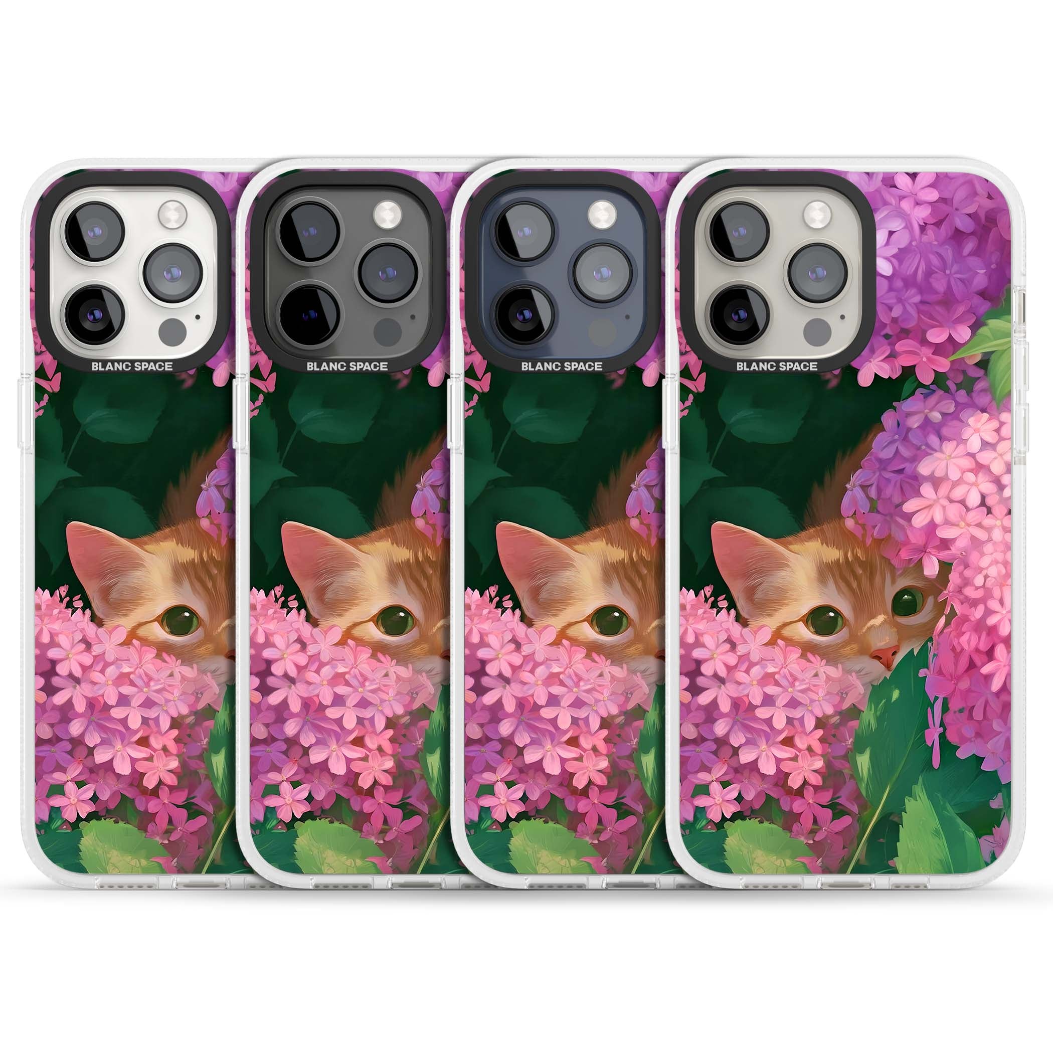 Cat In Pink Flowers cottagecore iPhone case featuring a ginger kitten peeking through lilac and pink hydrangea flo | Clear Case Impact Air case for iPhone 15 Pro, iPhone 15 Pro Max