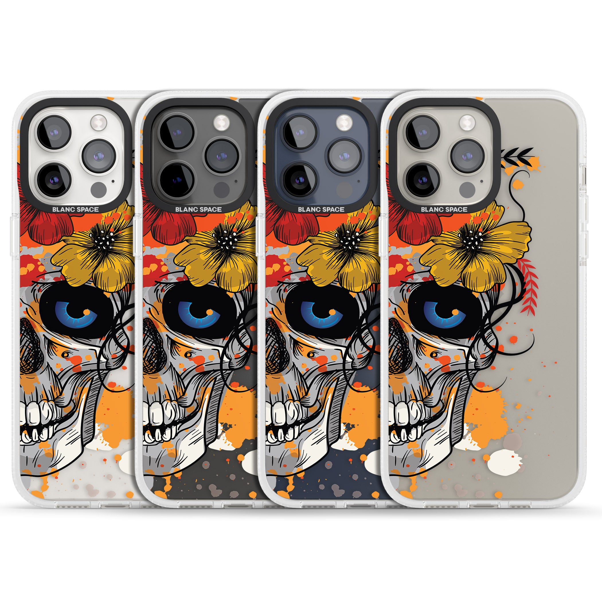 Sugar Skull Flowers iPhone 15 Pro Max / 15 Pro / 14 Pro Max / 14 Pro / 13 Pro Clear Case Impact Air - Blanc Space