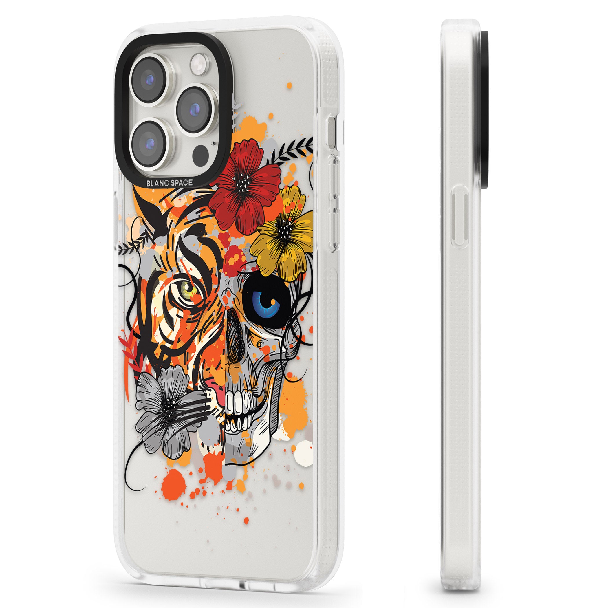 Sugar Skull Tiger Floral iPhone 15 Pro Max / 15 Pro / 14 Pro Max / 14 Pro / 13 Pro Clear Case Impact Air - Blanc Space