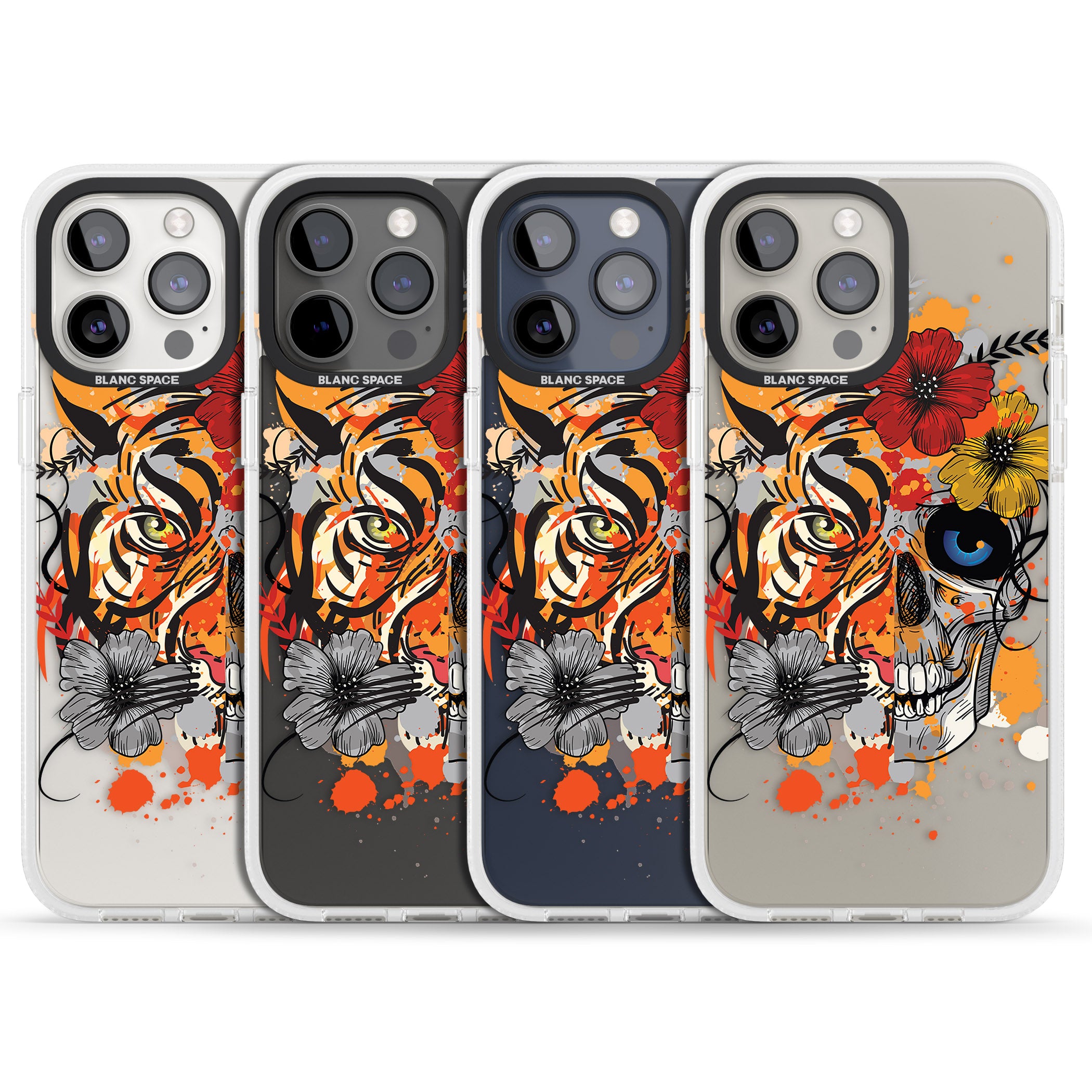Sugar Skull Tiger Floral iPhone 15 Pro Max / 15 Pro / 14 Pro Max / 14 Pro / 13 Pro Clear Case Impact Air - Blanc Space
