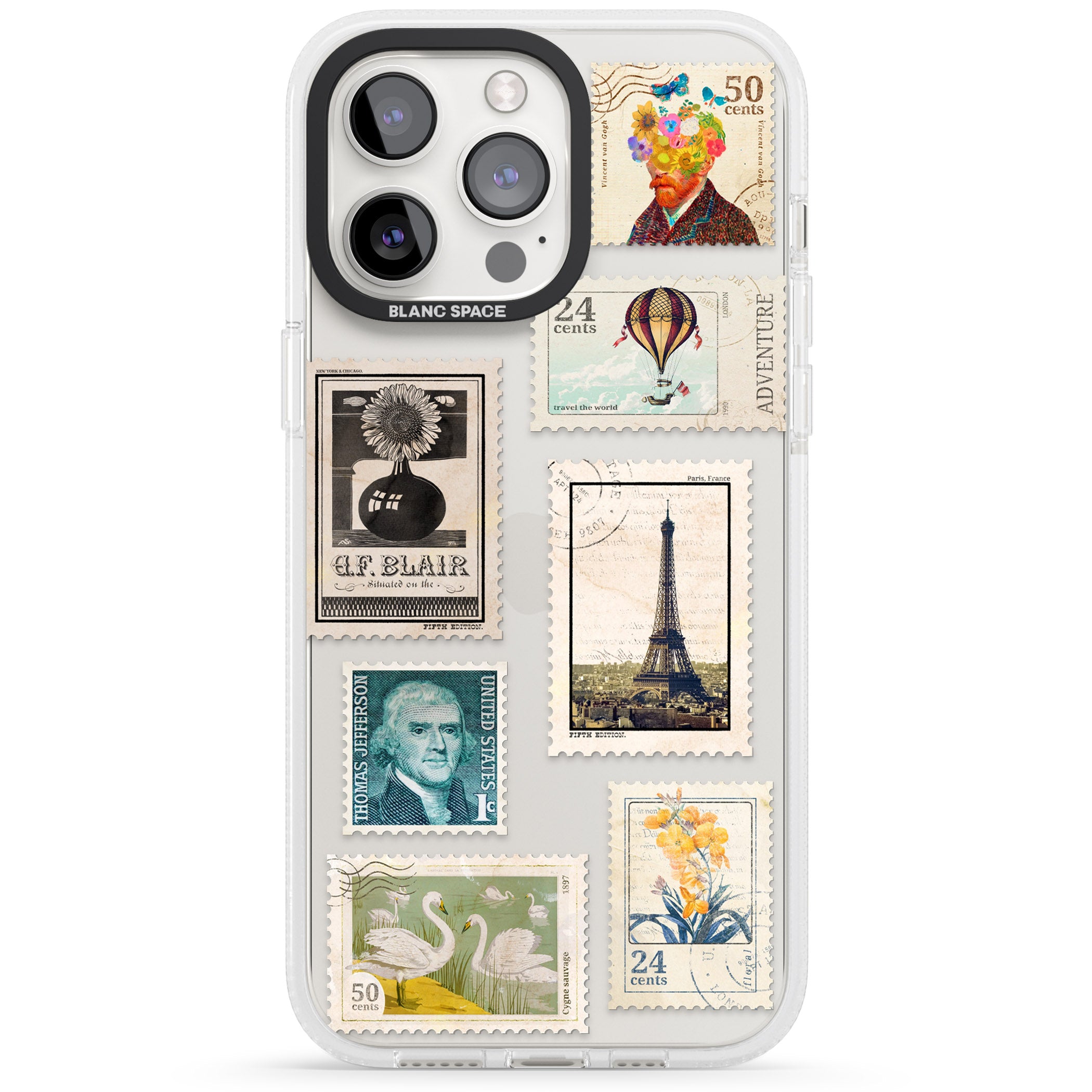 Vintage Stamps iPhone 15 Pro Max / 15 Pro / 14 Pro Max / 14 Pro / 13 Pro Clear Case Impact Air - Blanc Space