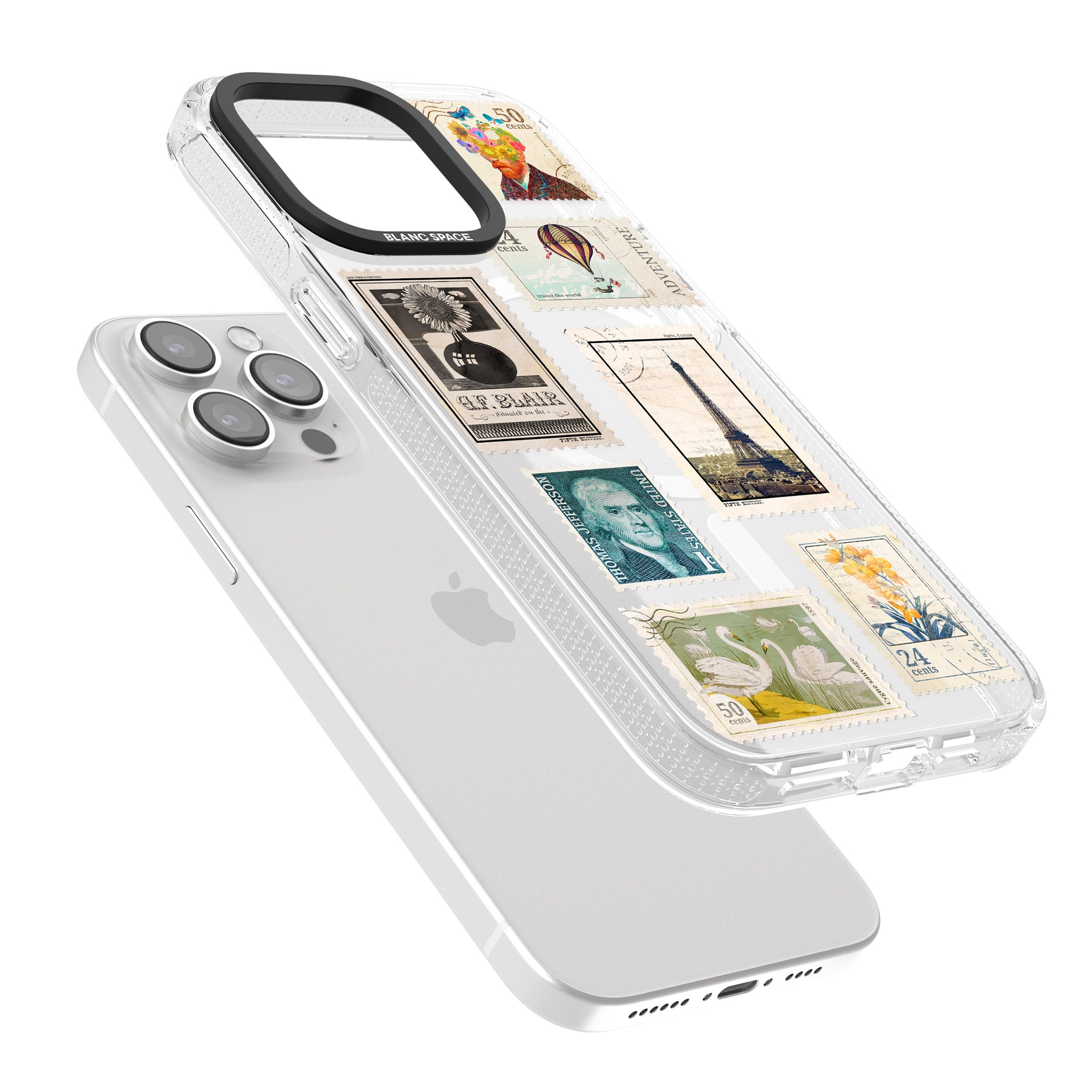 Vintage Stamps iPhone 15 Pro Max / 15 Pro / 14 Pro Max / 14 Pro / 13 Pro Clear Case Impact Air - Blanc Space