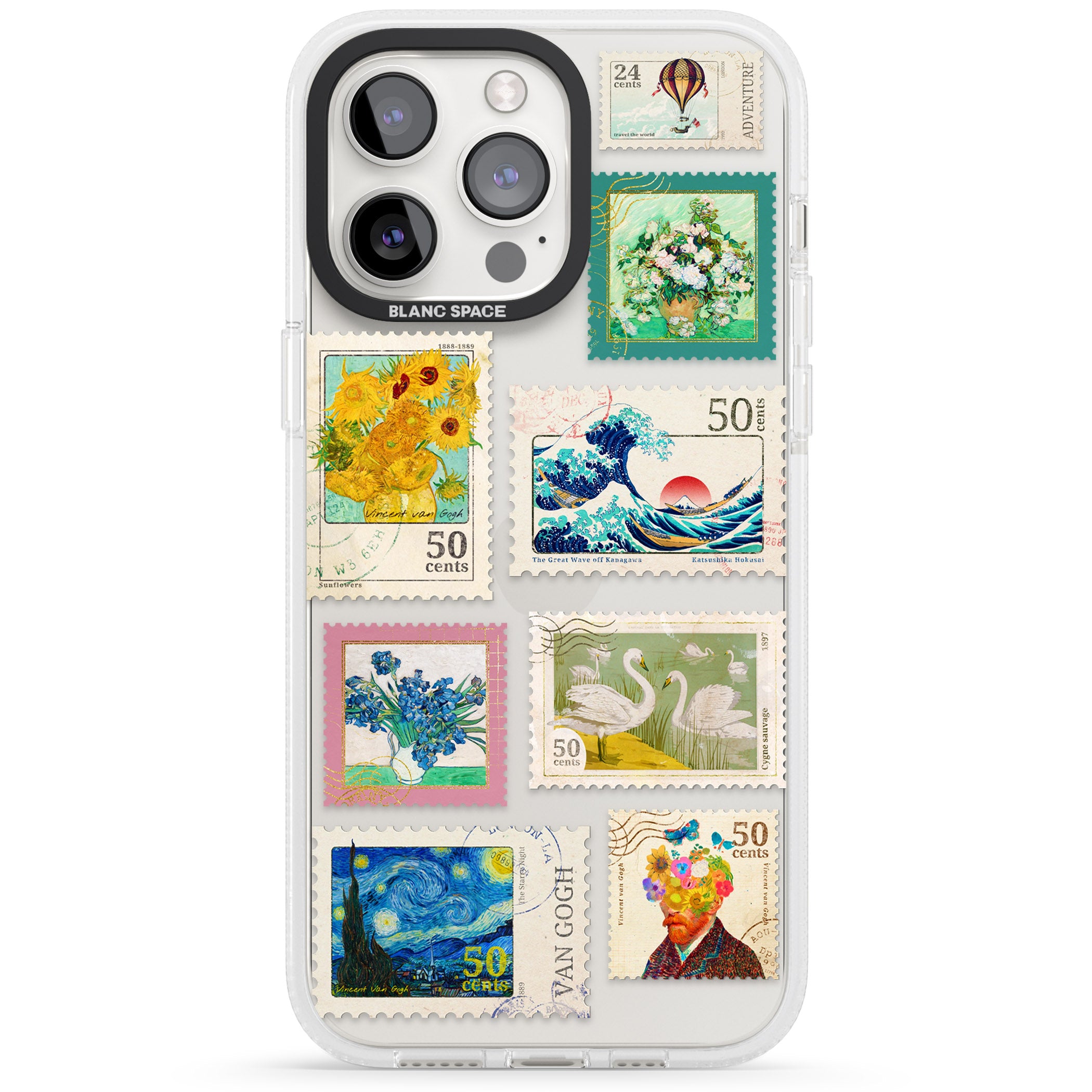 Vintage Art Stamps iPhone 15 Pro Max / 15 Pro / 14 Pro Max / 14 Pro / 13 Pro Clear Case Impact Air - Blanc Space