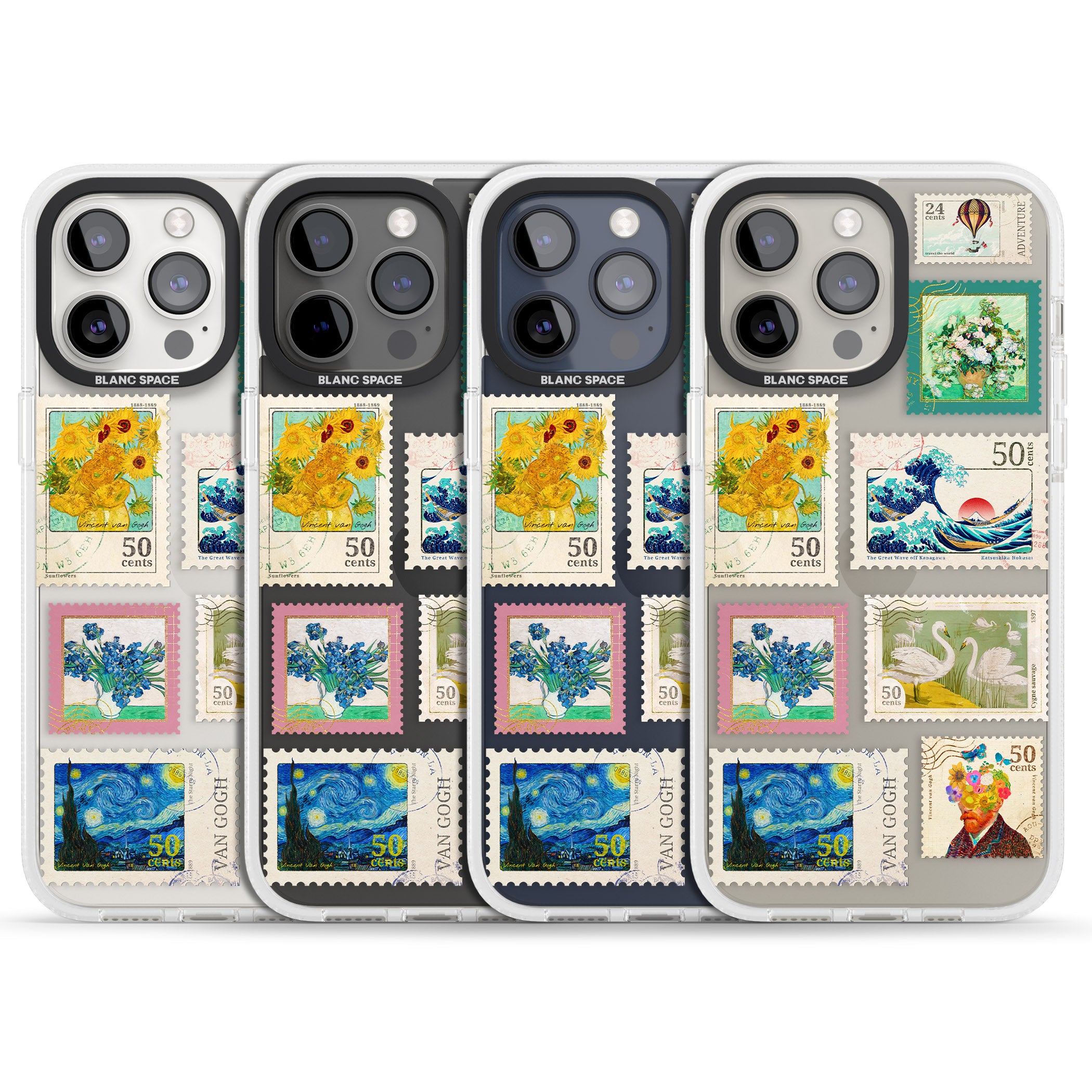 Vintage Art Stamps iPhone 15 Pro Max / 15 Pro / 14 Pro Max / 14 Pro / 13 Pro Clear Case Impact Air - Blanc Space