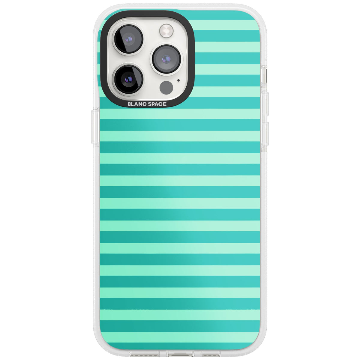 Turquoise Stripe preppy iPhone case featuring horizontal teal and mint green stripes on a black protective frame iPhone 12 Pro Max / iPhone 13 Pro / iPhone 13 Pro Max / iPhone 14 Pro / iPhone 14 Pro Max / iPhone 15 Pro Max Impact Air Phone Case front