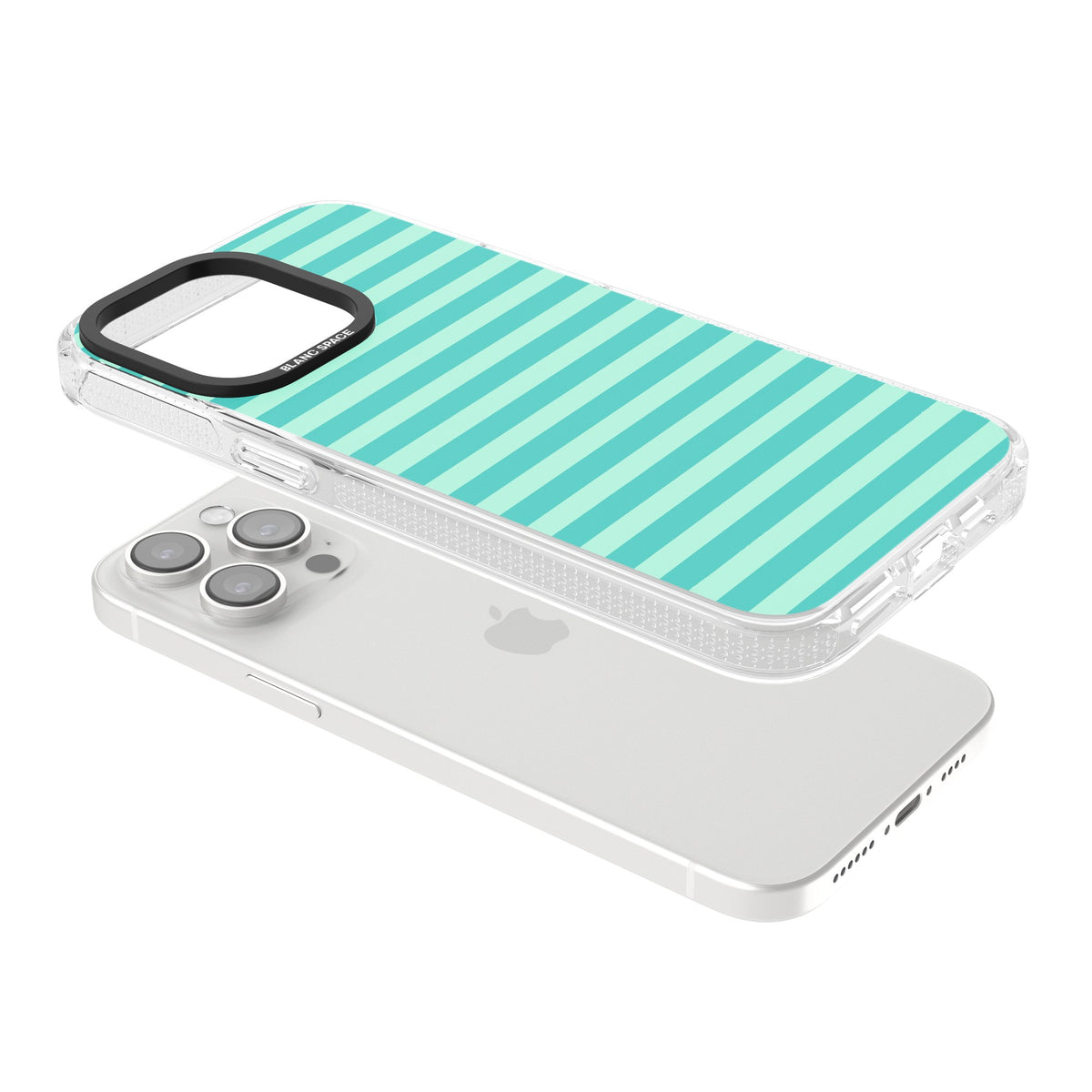 Turquoise Stripe preppy iPhone case featuring horizontal teal and mint green stripes on a black protective frame iPhone 12 Pro Max / iPhone 13 Pro / iPhone 13 Pro Max / iPhone 14 Pro / iPhone 14 Pro Max / iPhone 15 Pro / iPhone 15 Pro Max Impact Air Phone Case angled
