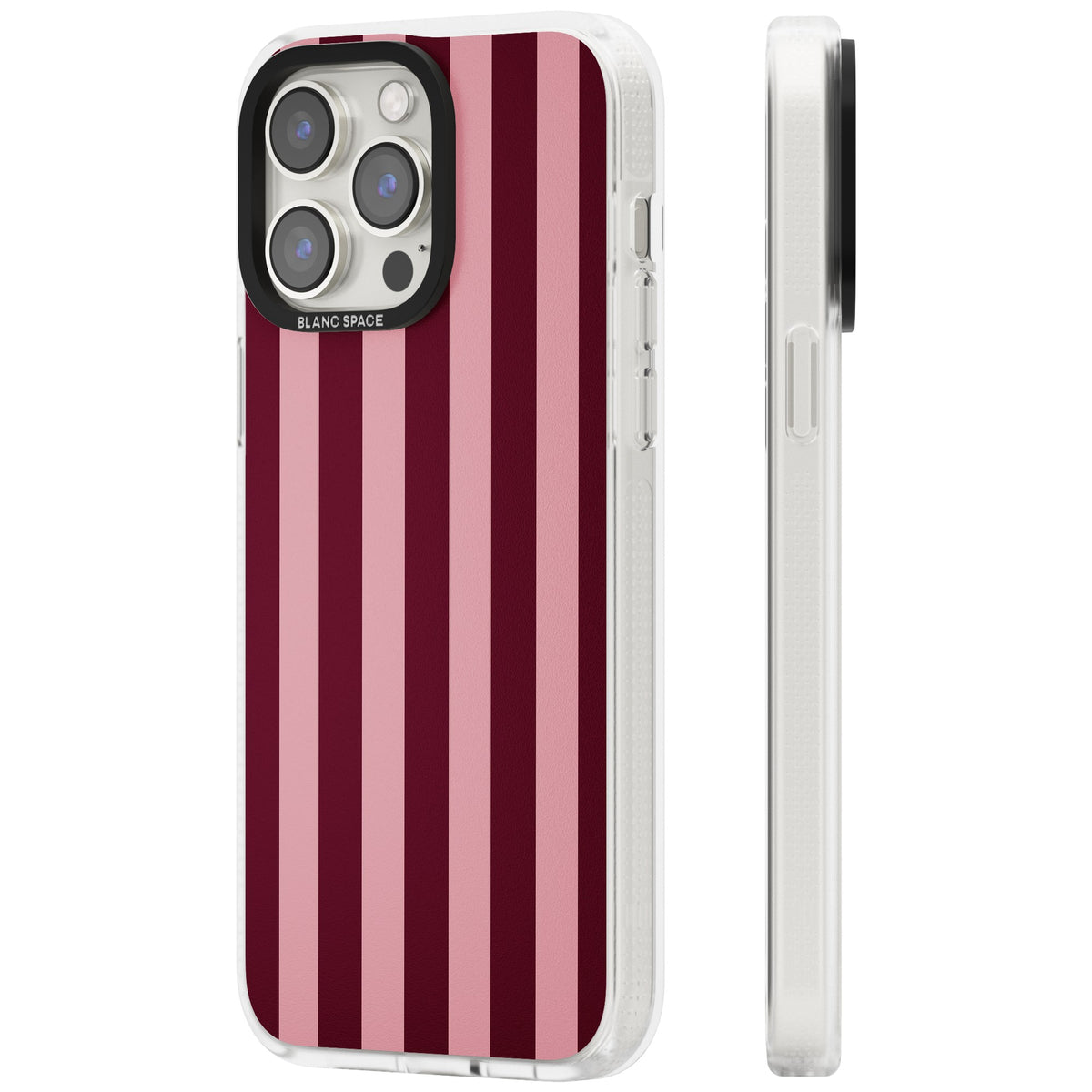 Bordeaux Belle preppy iPhone case featuring bold vertical stripes in burgundy and soft blush pink iPhone 12 Pro Max / iPhone 13 Pro / iPhone 13 Pro Max / iPhone 14 Pro / iPhone 14 Pro Max / iPhone 15 Pro / iPhone 15 Pro Max Impact Air Phone Case side