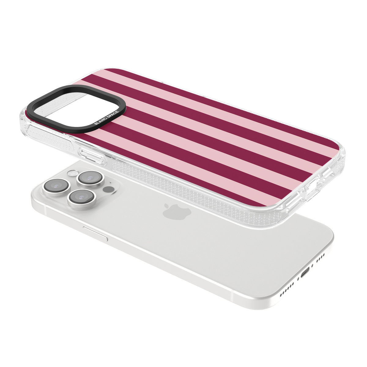 Bordeaux Belle preppy iPhone case featuring bold vertical stripes in burgundy and soft blush pink iPhone 12 Pro Max / iPhone 13 Pro / iPhone 13 Pro Max / iPhone 14 Pro / iPhone 14 Pro Max / iPhone 15 Pro / iPhone 15 Pro Max Impact Air Phone Case angled
