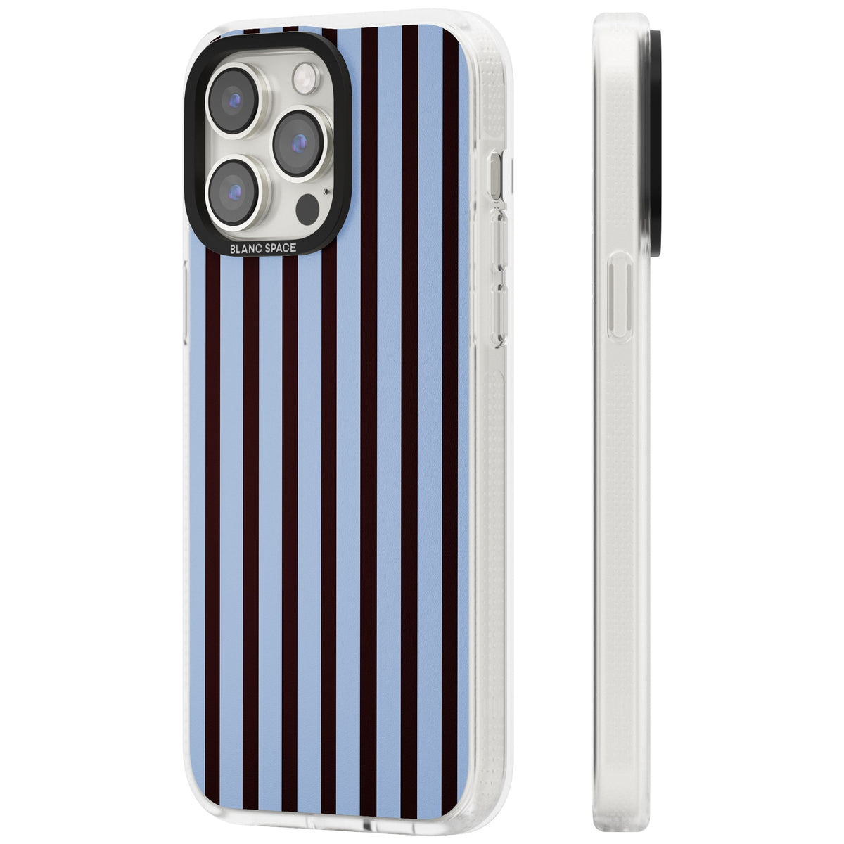 Blackcurrant Stripe preppy iPhone case featuring vertical burgundy and light blue stripes in a classic pinstripe layout iPhone 12 Pro Max / iPhone 13 Pro / iPhone 13 Pro Max / iPhone 14 Pro / iPhone 14 Pro Max / iPhone 15 Pro / iPhone 15 Pro Max Impact Air Phone Case side