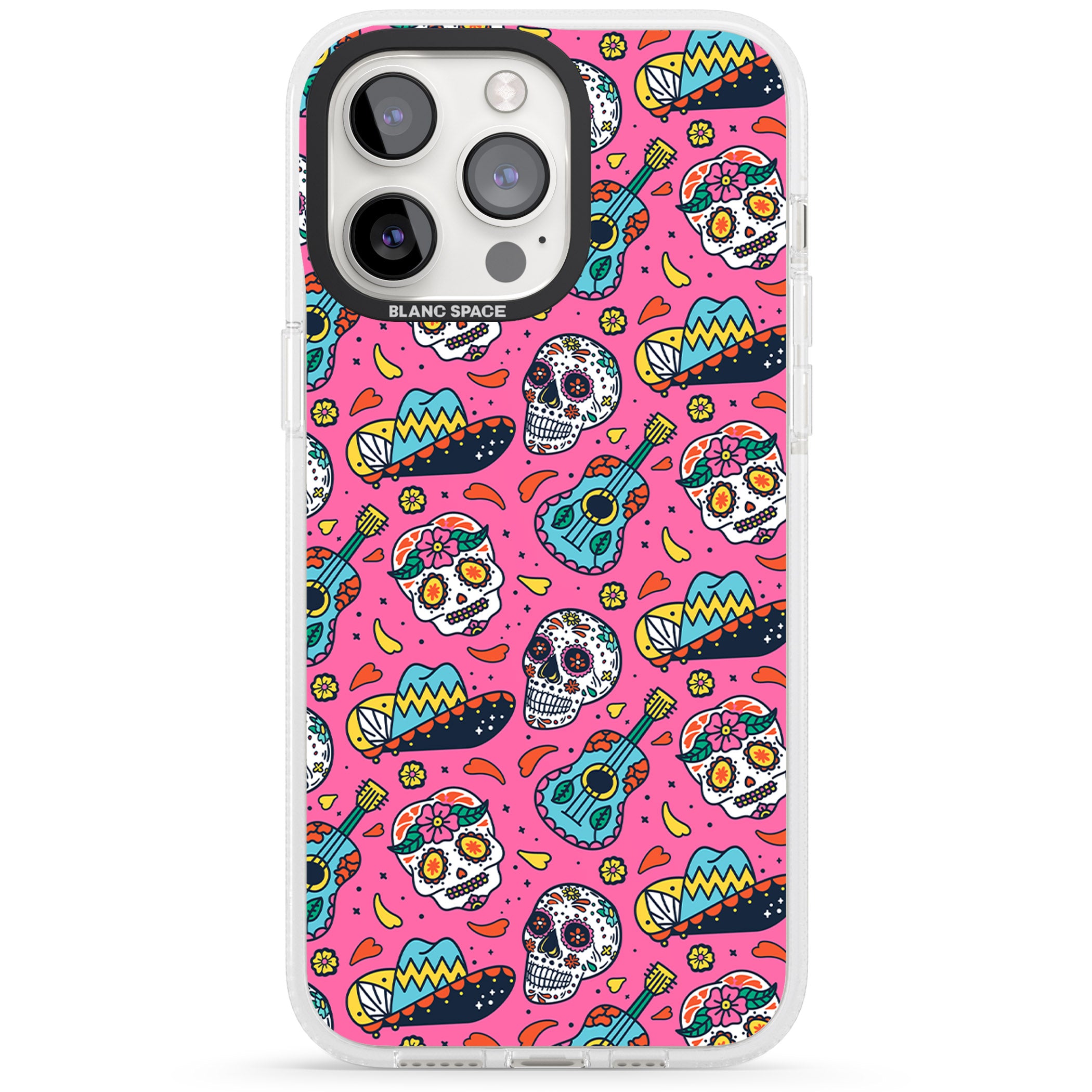 Pink Day of The Dead Pattern iPhone 15 Pro Max / 15 Pro / 14 Pro Max / 14 Pro / 13 Pro Clear Case Impact Air - Blanc Space