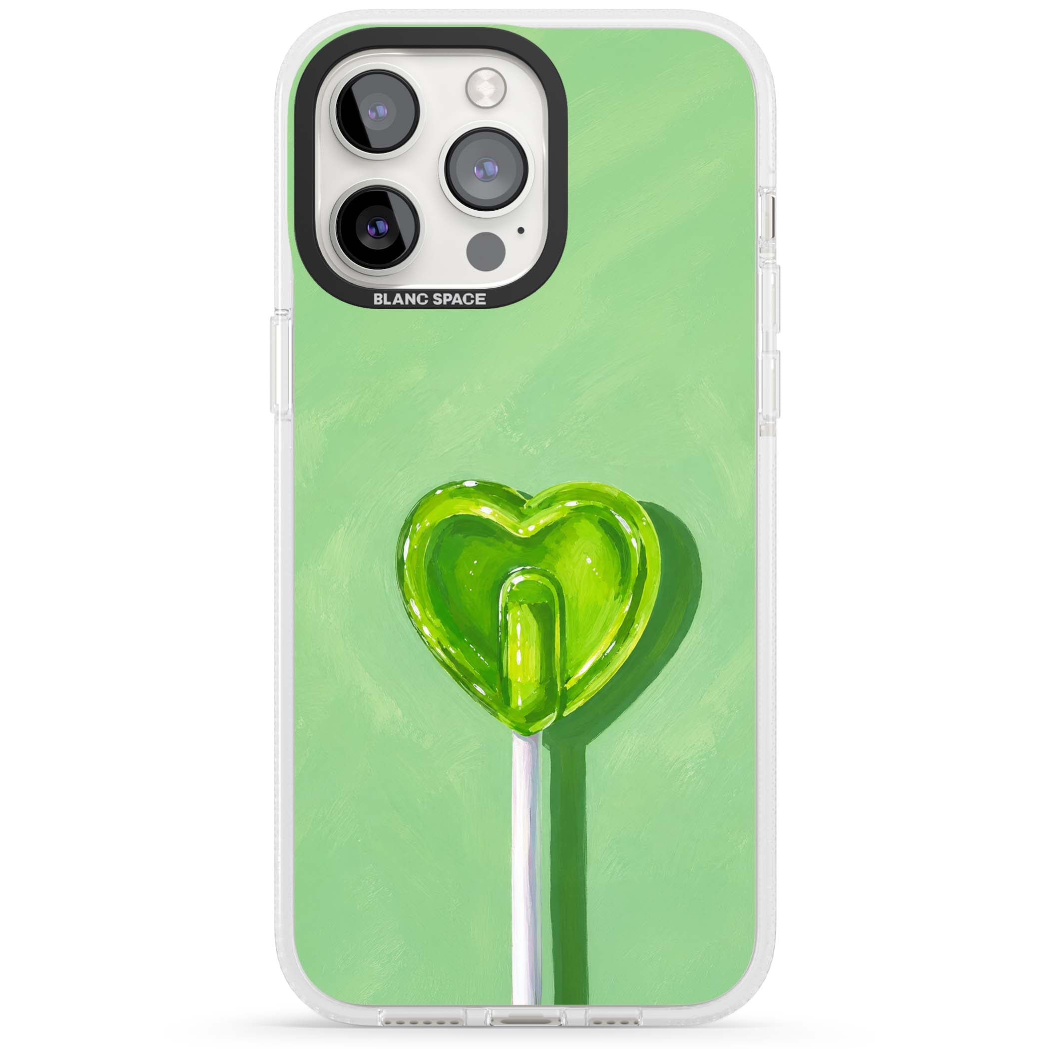 Green Lollipop candy art iPhone case featuring a glossy green heart-shaped lollipop on a painted pastel green background | Clear Case Impact Air case for iPhone 15 Pro, iPhone 15 Pro Max