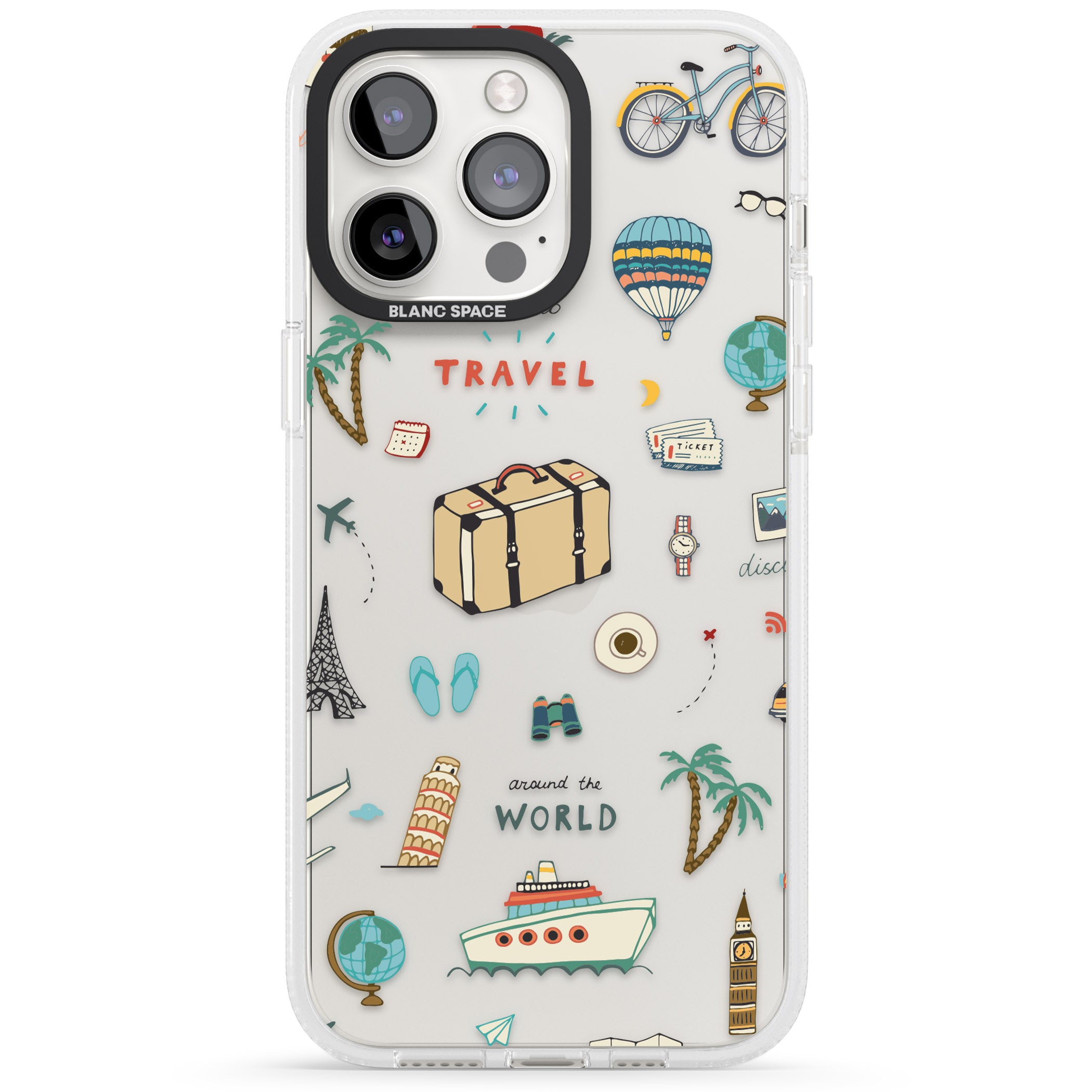 Cute Travel Pattern Transparent iPhone 15 Pro Max / 15 Pro / 14 Pro Max / 14 Pro / 13 Pro Clear Case Impact Air - Blanc Space